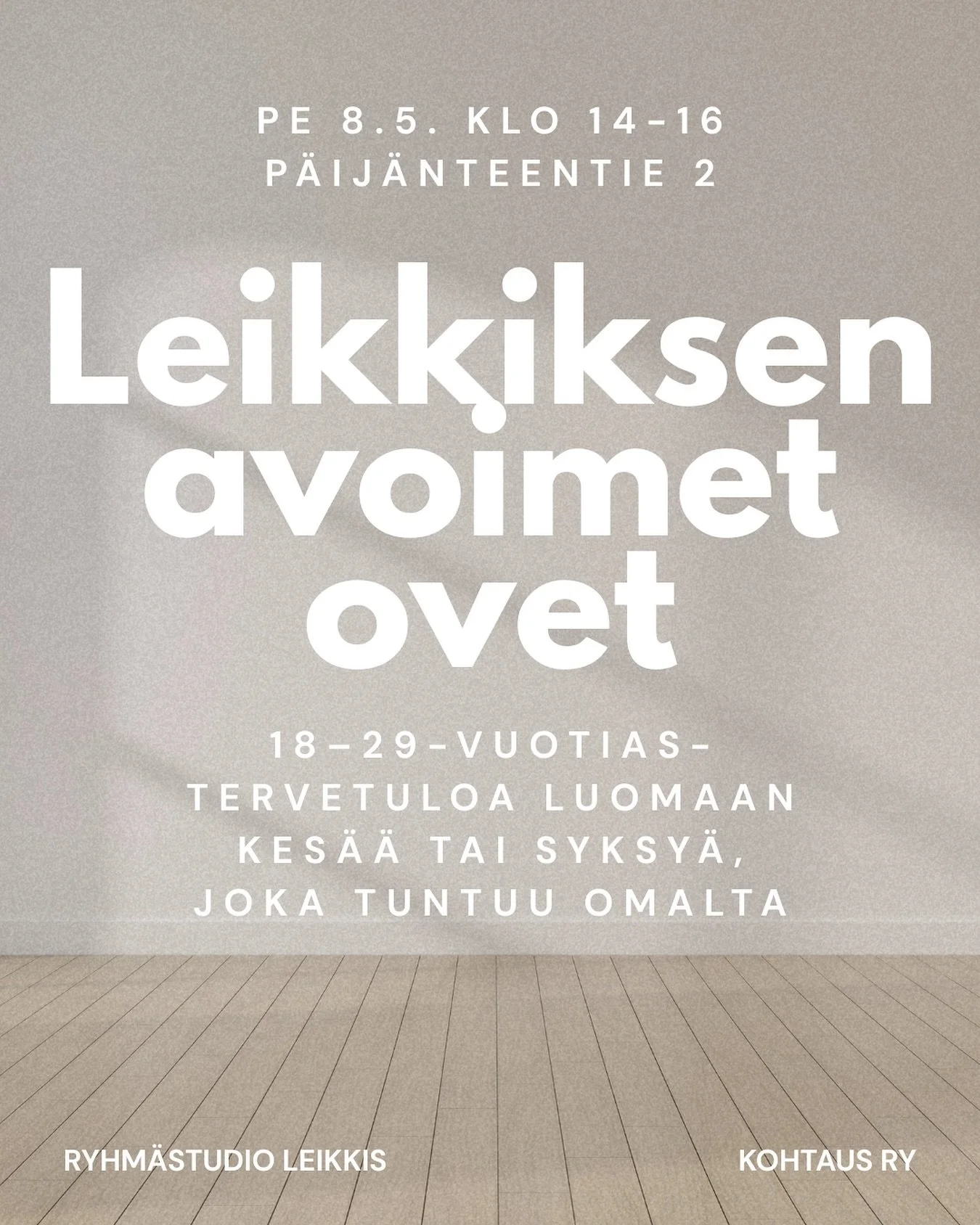 Hei 18&ndash;29-vuotias!

Haluaisitko tekemist&auml; kes&auml;lle tai paikan, jossa voi olla rennosti, kokeilla yhdess&auml; asioita ja olla muiden seurassa? Tule Leikkiksen avoimiin oviin! 🎨
 P&auml;&auml;set tutustumaan toimintaan ja samalla voida