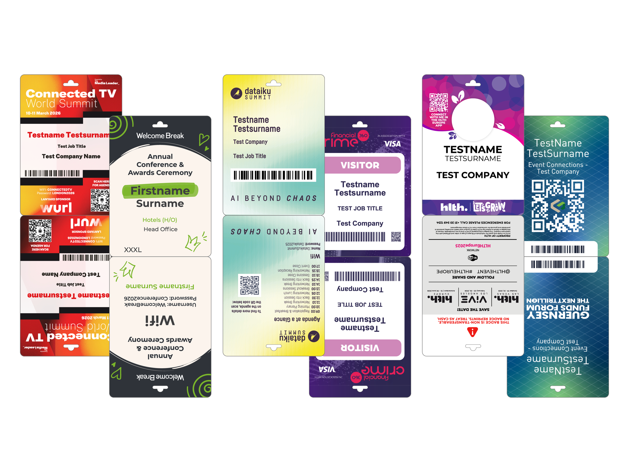 ample event badge template designs showing different colour schemes, QR codes, and branding layouts available from Event Connections