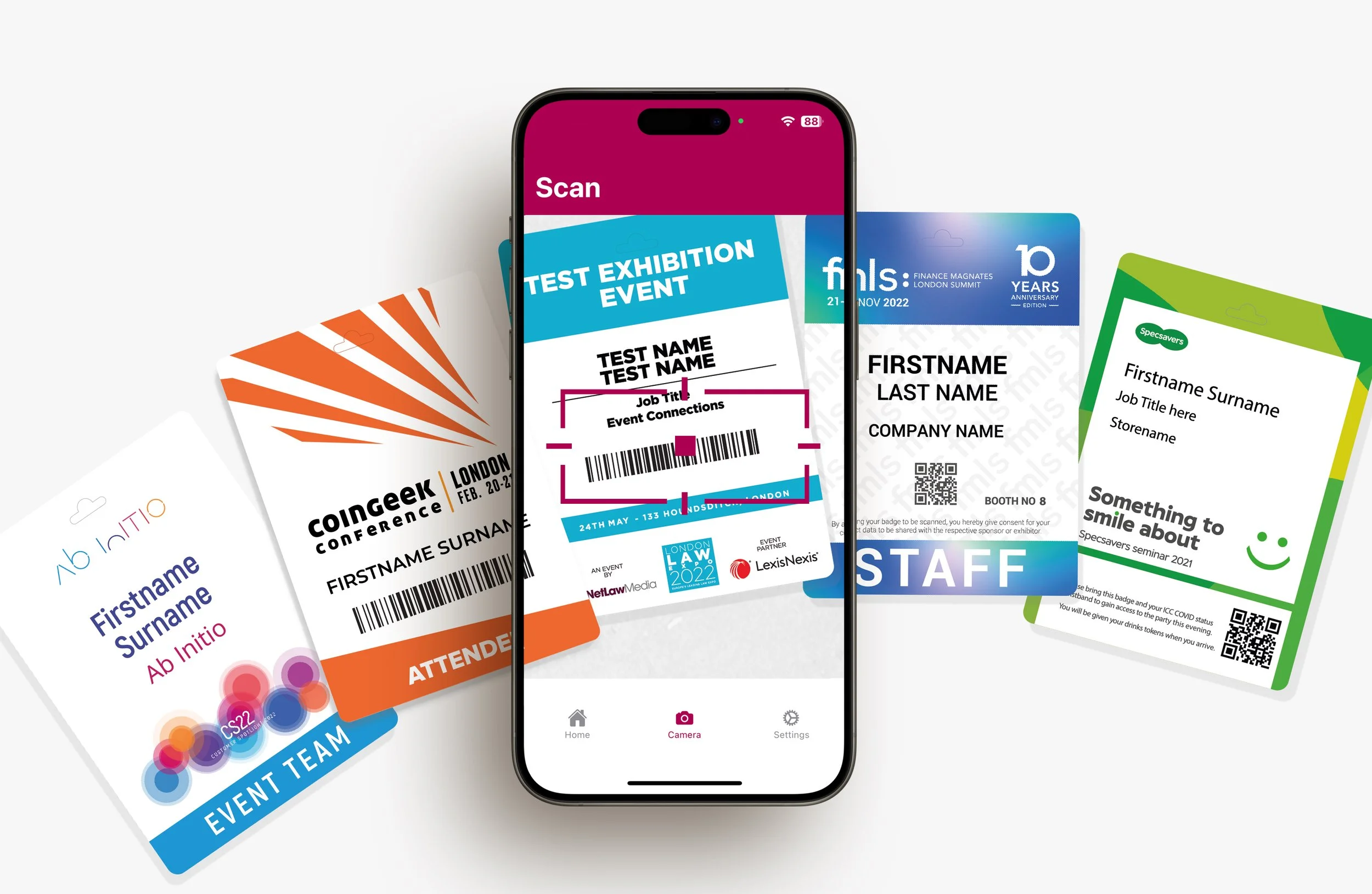 Mobile event app scanning QR code on customised badges, enabling fast check-in, attendee tracking, and data capture across branded event badges.