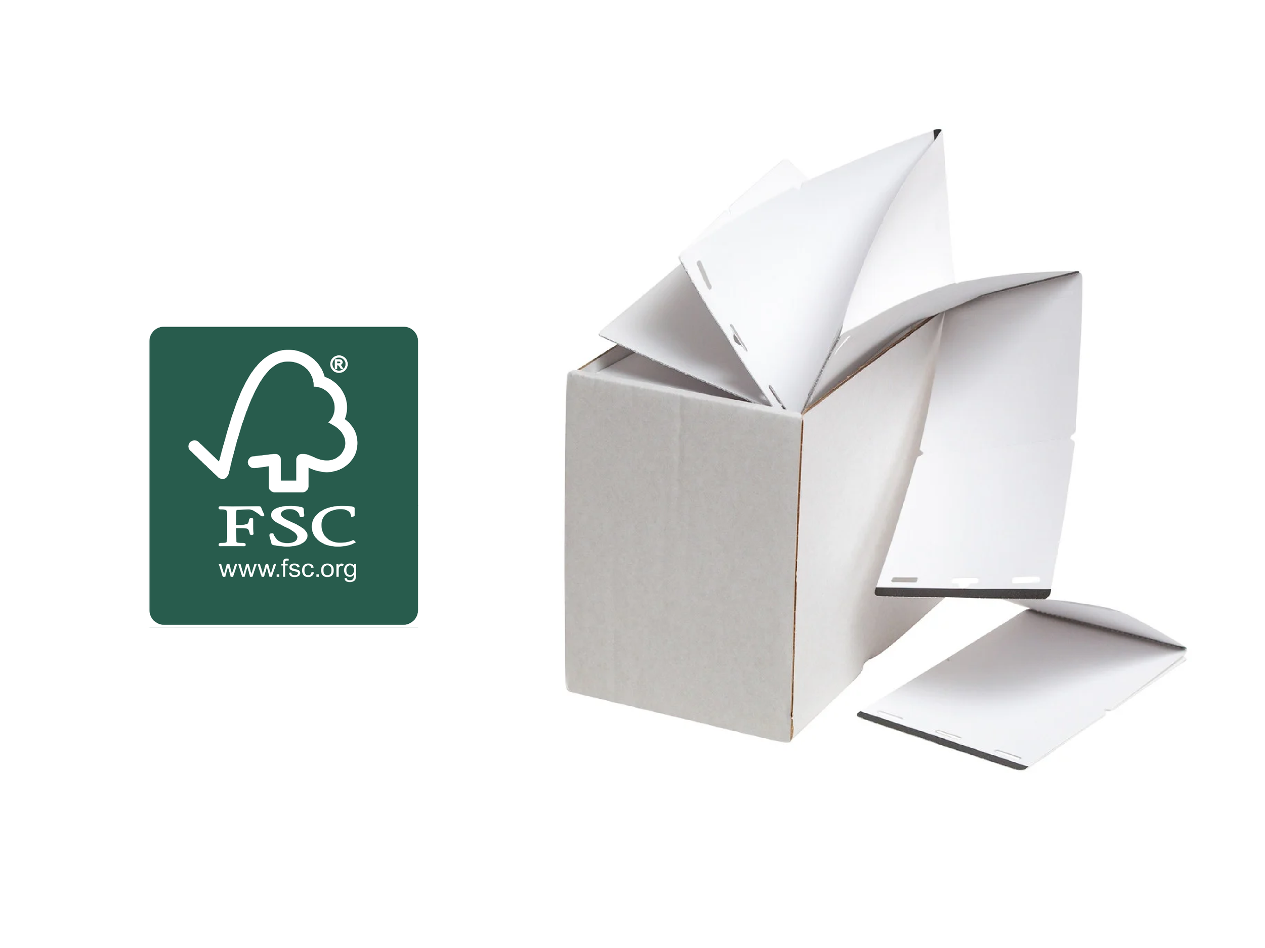 Sustainable event badges from print to finish, featuring FSC-certified materials. Unprinted badges in box alongside vibrant, double-sided printed badges, demonstrating high-quality eco-friendly badge printing.