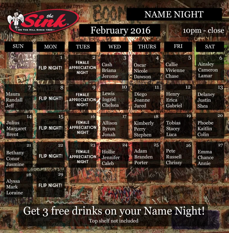 Name Night Calendar – February 2016