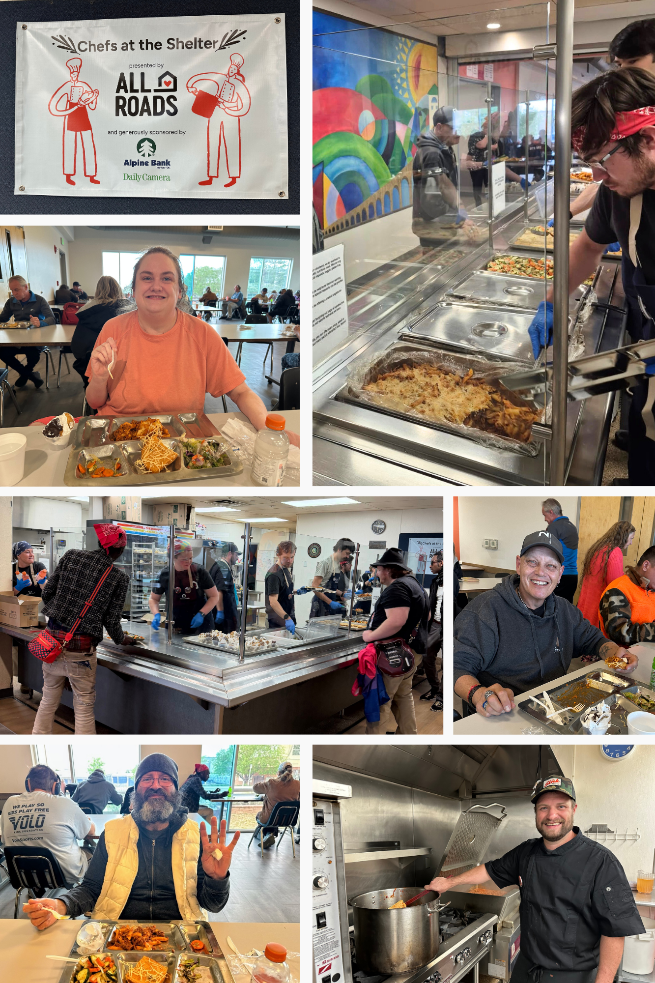 Collage of volunteers working and people eating Chef Chris Cunningham's meal at All Roads Shelter in Boulder, Colorado