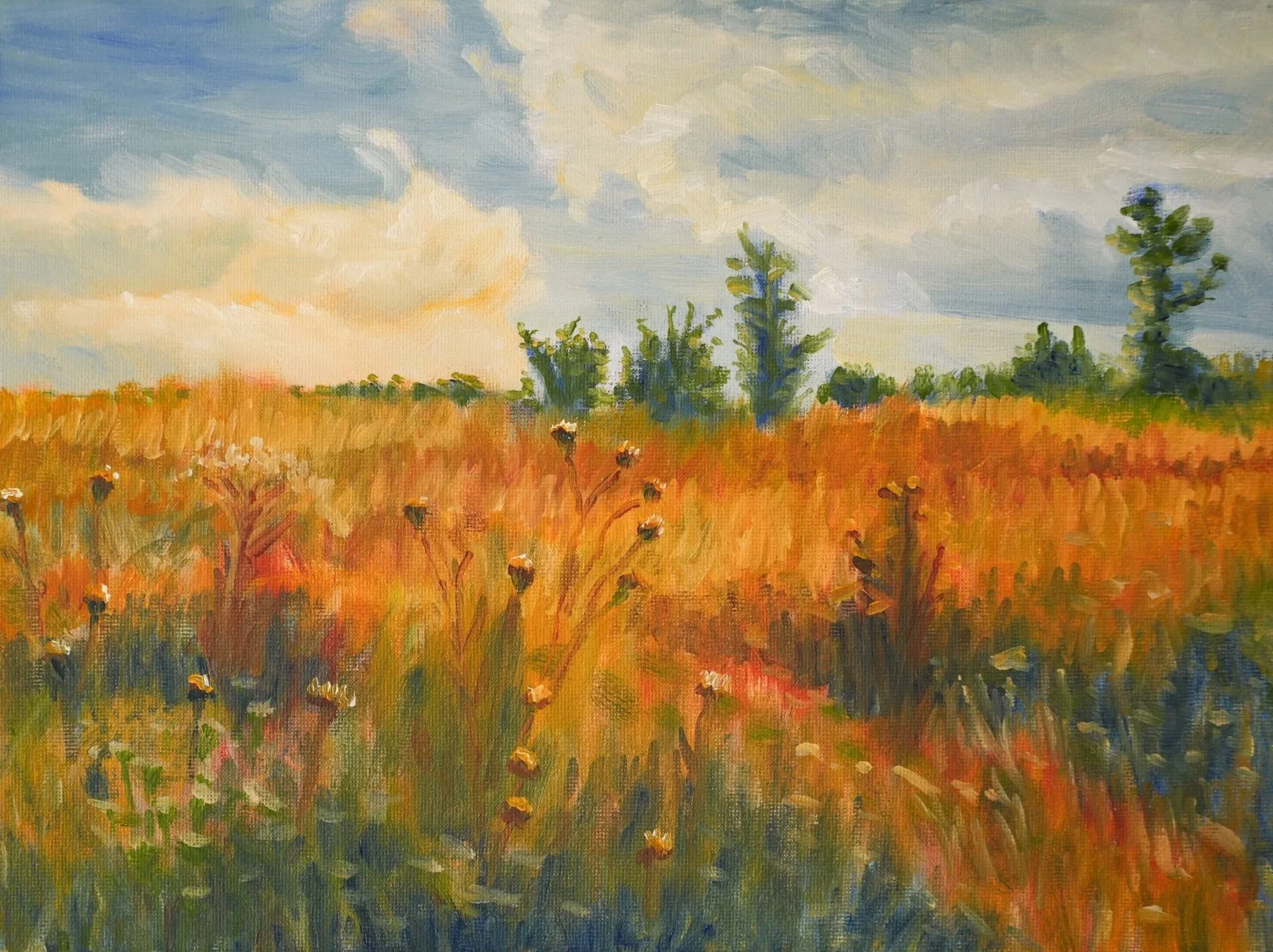 Orion’s Pasture — original oil landscape painting inspired by Powell Butte Nature Park, with wildflowers arranged in the shape of Orion beneath a dramatic sky