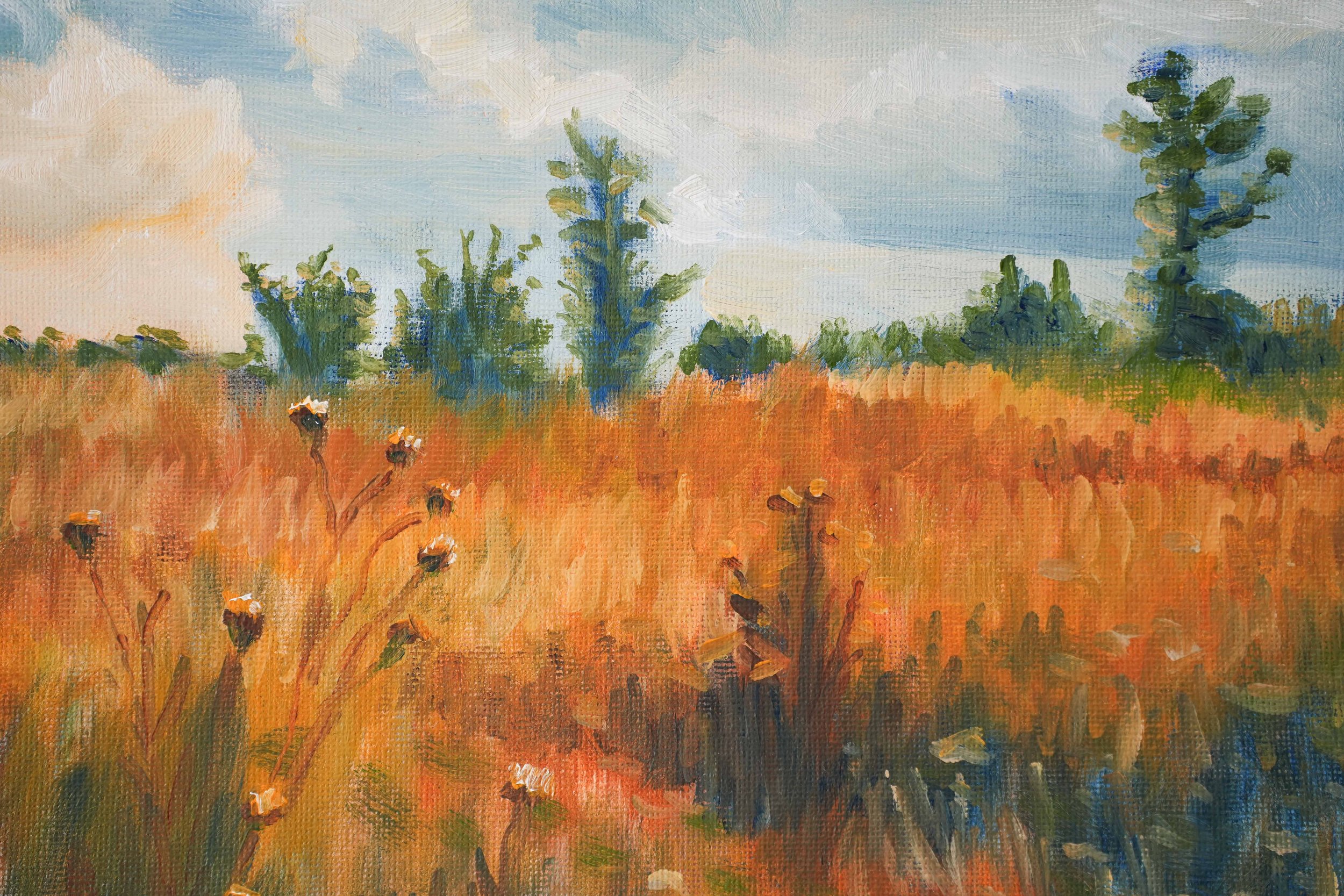 Orion’s Pasture — original oil landscape painting inspired by Powell Butte Nature Park, with wildflowers arranged in the shape of Orion beneath a dramatic sky