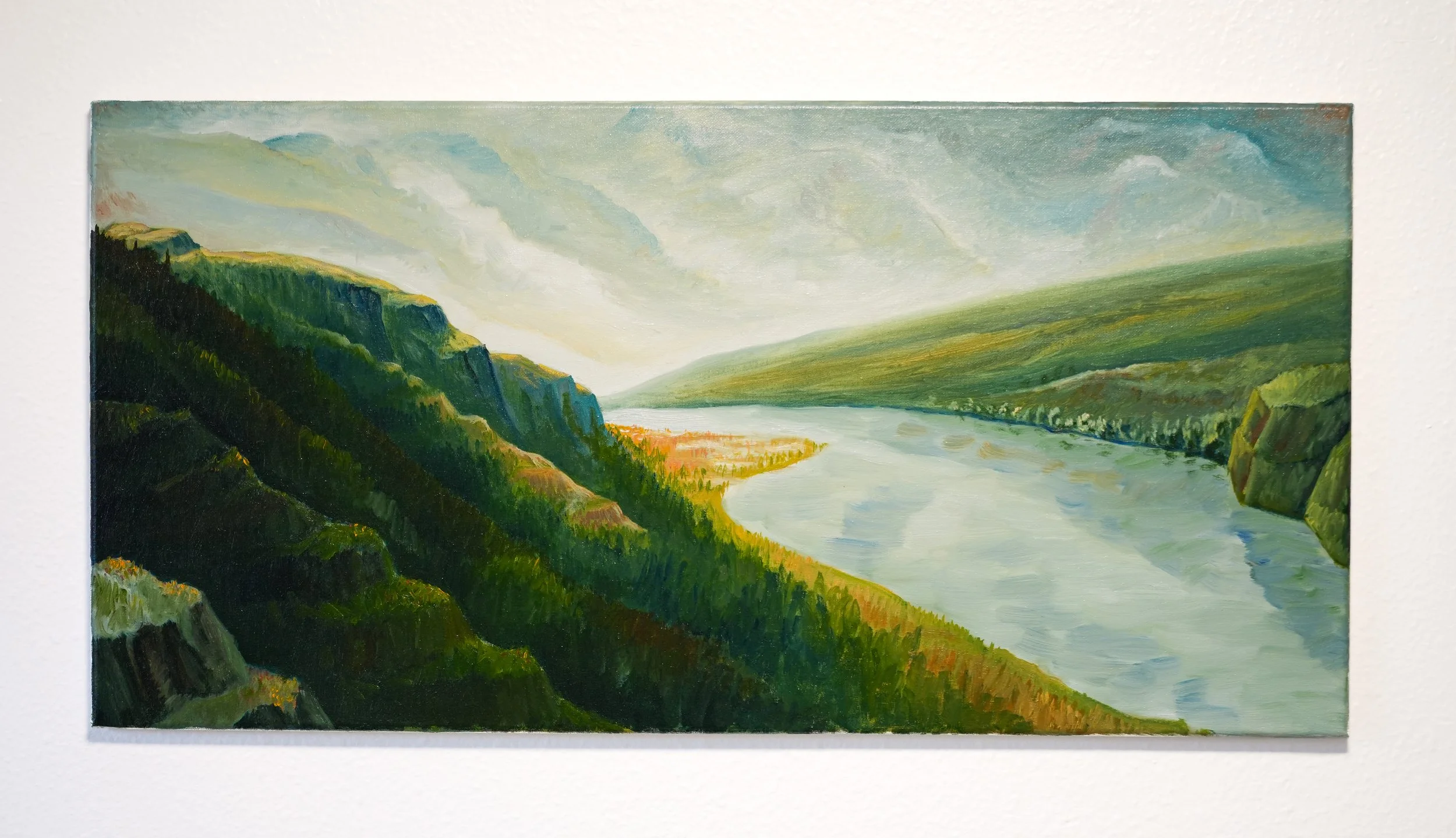 Dark Cliffs — original oil landscape painting of silhouetted cliffs, a wide river, and distant hills inspired by the Columbia River Gorge
