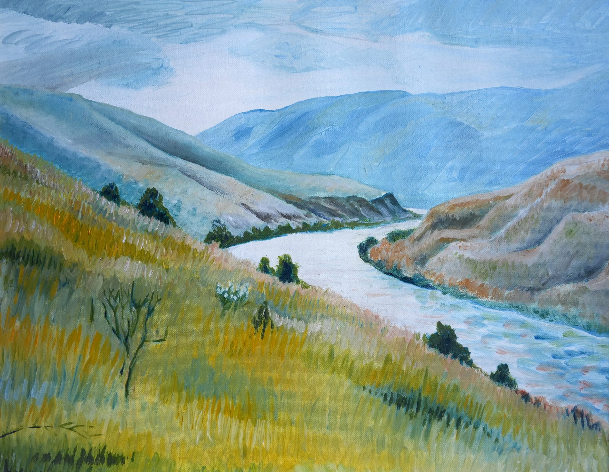 Deschutes Gold — original oil landscape painting of the Lower Deschutes River with golden fall grasses and blue hills in Oregon