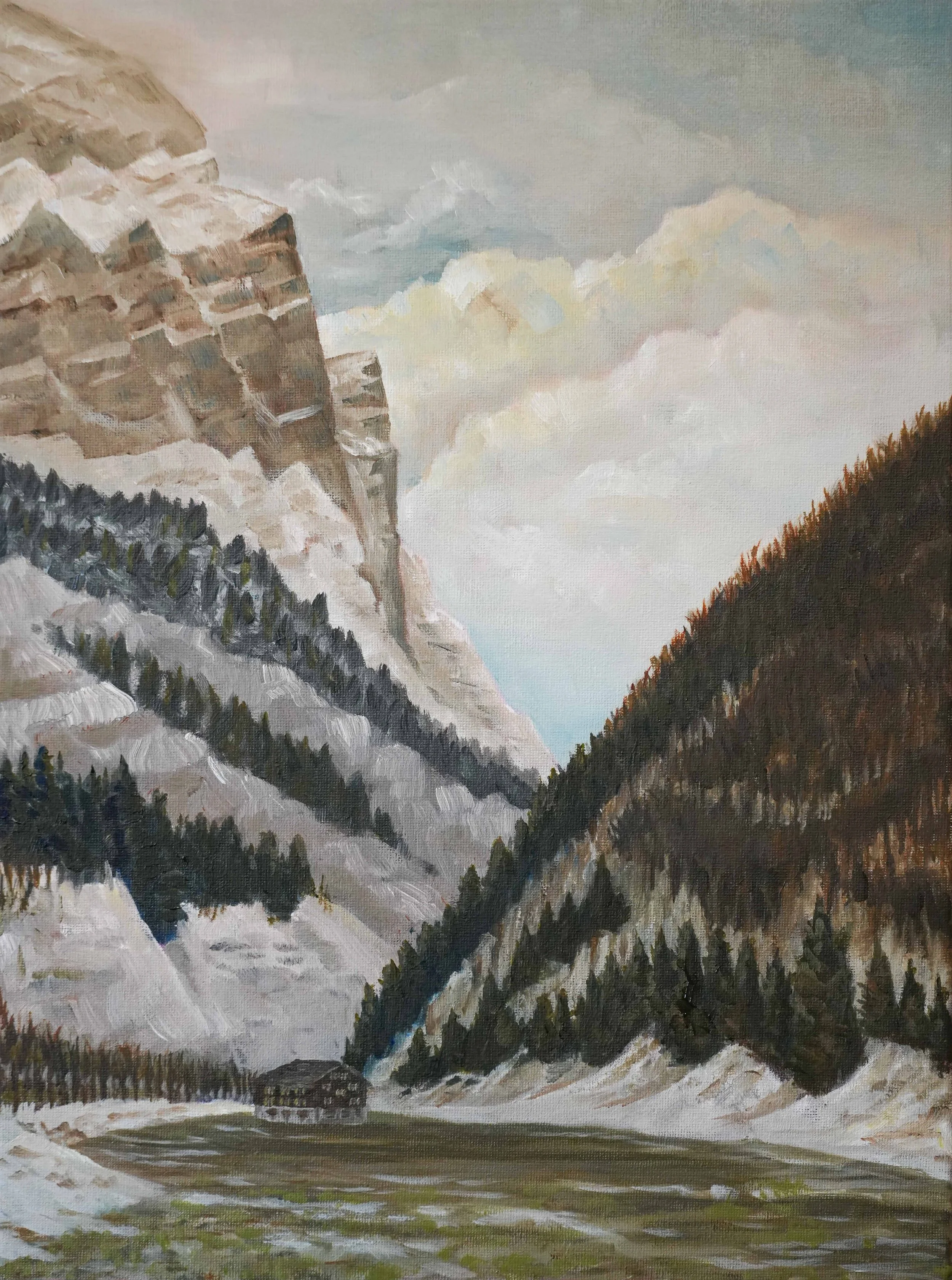 Home Below the Heights — original oil landscape painting of a small alpine home beneath winter cliffs near Wasserauen and Seealpsee, Switzerland
