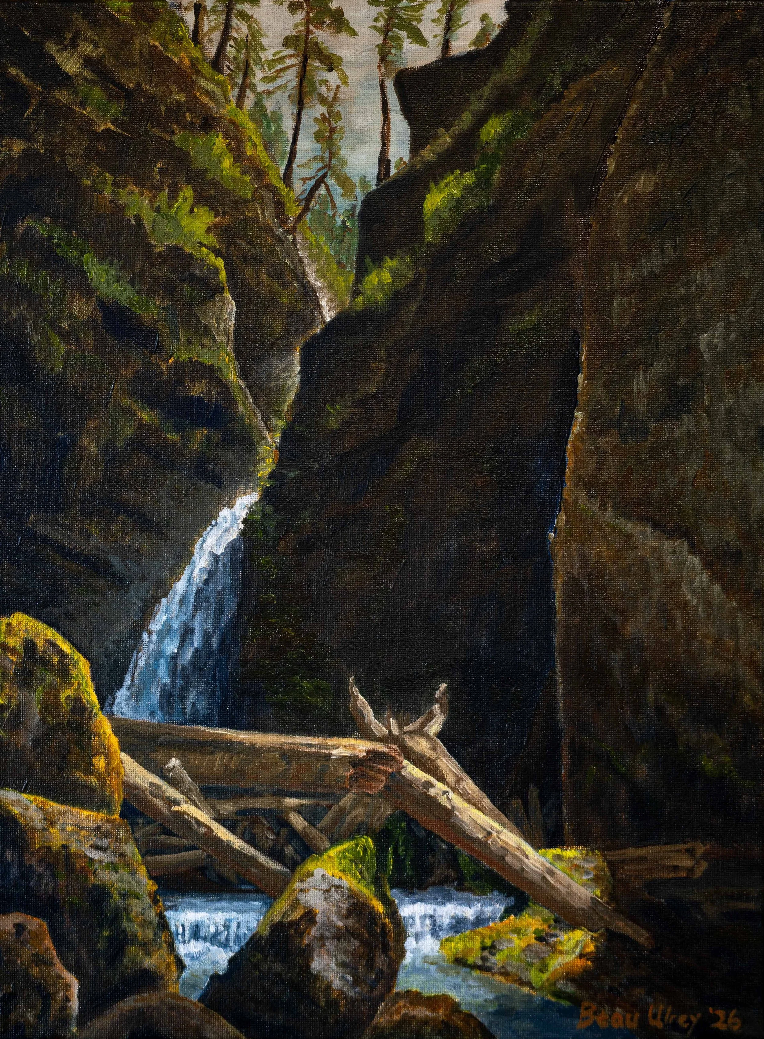 Wahclella Spotlight — original oil painting of Wahclella Falls in Oregon with dramatic light, mossy canyon walls, fallen logs, rushing water, and mist from the upper falls