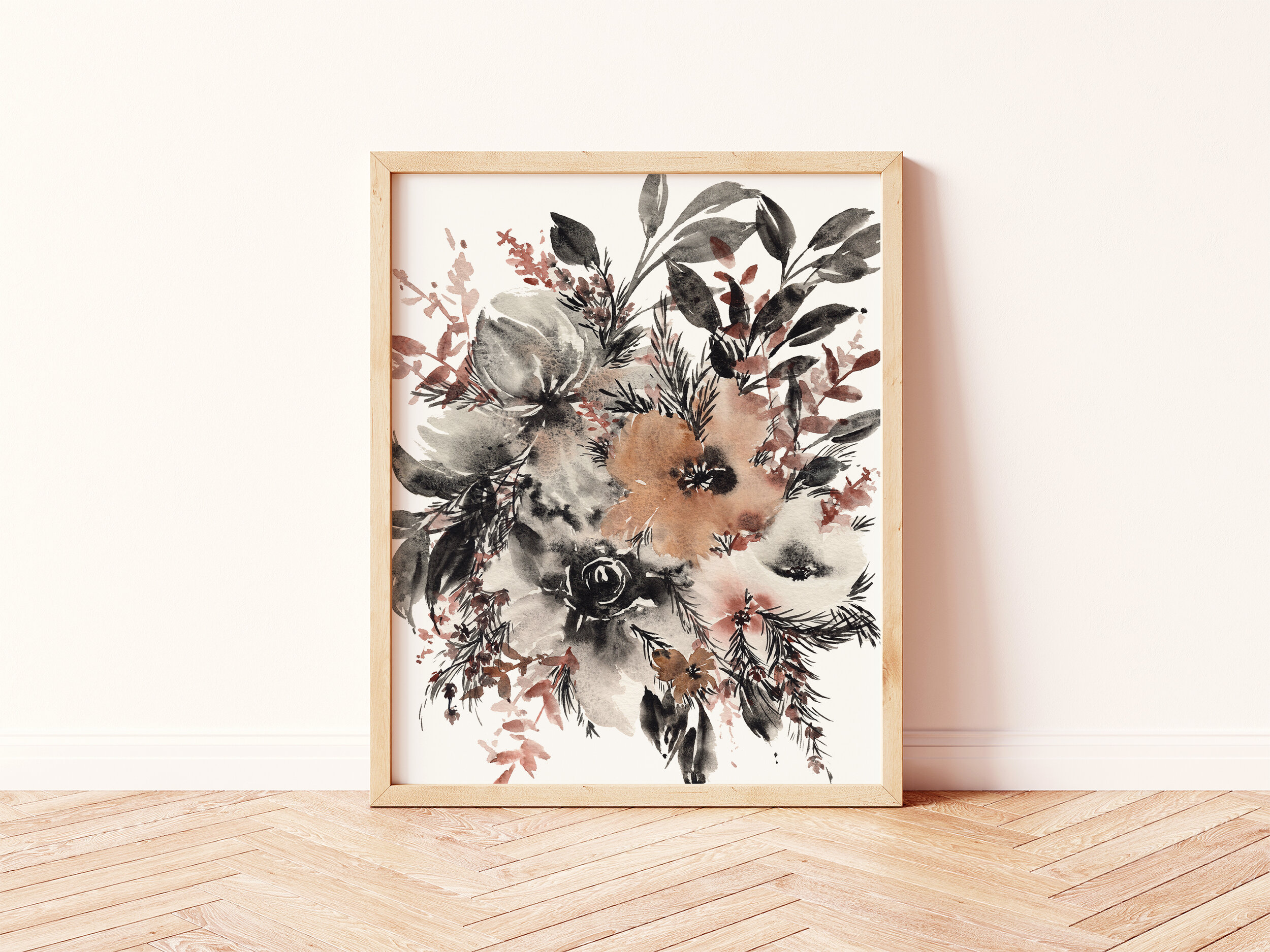 "Moody Black Brown Neutral Floral" Art Print