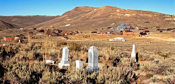 Bodie’s cemeteries overlook the townsite. The original cemetery was on waterlogged flatlands and was relocated to the present site in the 1870’s. Professional conservators are straightening and restoring some of the grave markers.