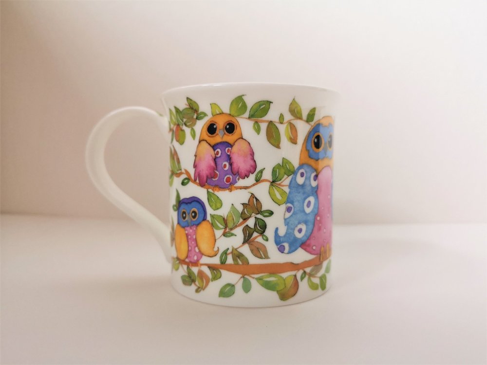 Tazza In Bone China Dunoon Henley Twitters Owl - 600 Ml - Gufi Disegnati Da Cherry Denman - Made In England