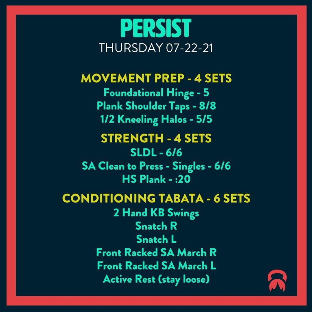 THURSDAY 07/22/21

TABATA THURSDAY! 

👉Today's finisher will get your heart-rate up!
👉It's important that you focus on your hardstyle breath throughout your movements. 
👉Remember, no matter the movement breath with your hips! 
👉During your :10 re