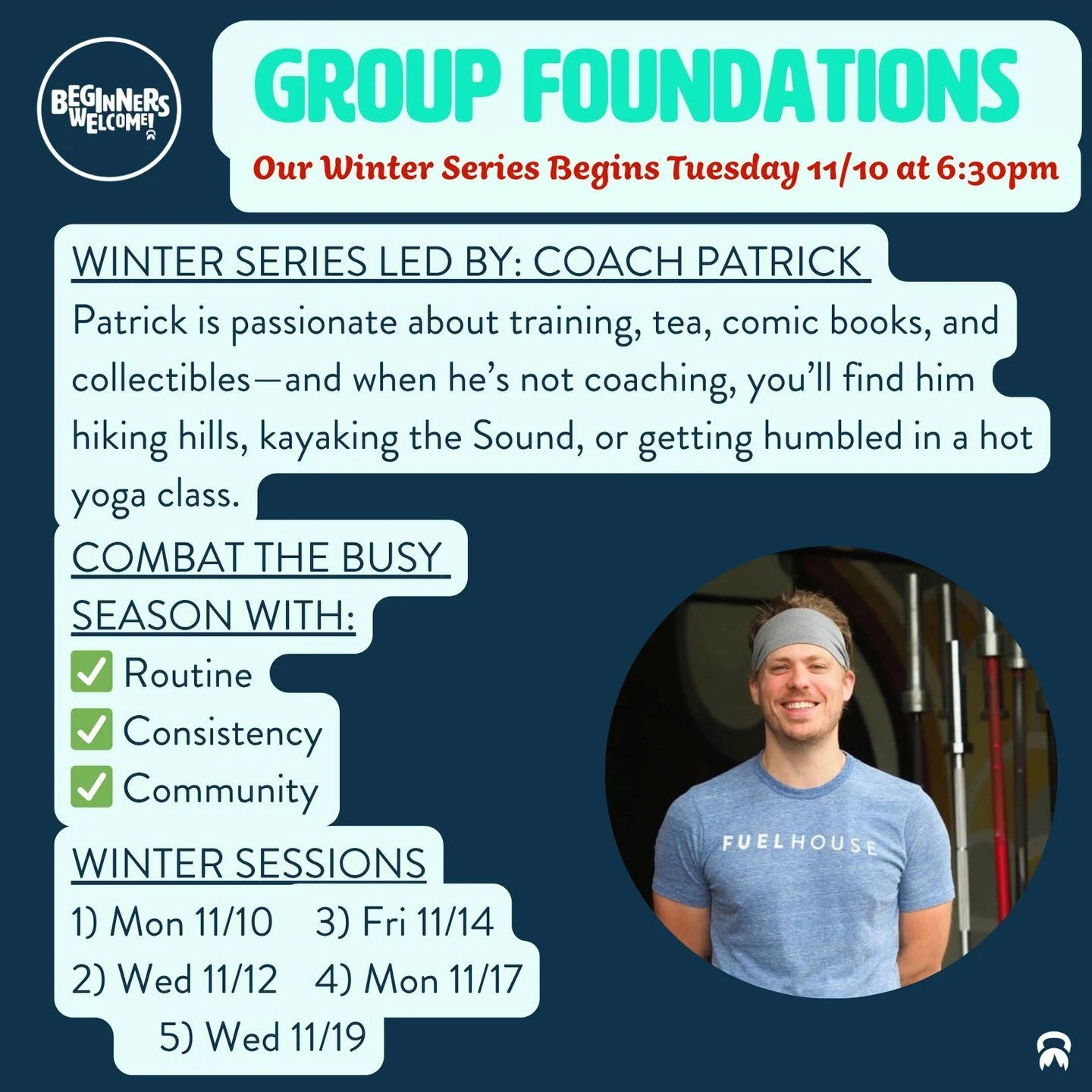 📣 WINTER FOUNDATIONS AT FUELHOUSE 📣

This is the last Group Foundations being offered in 2025! Led by the amazing Coach Patrick! 

This is the most cost effective way to get started with us and spots are limited.

Sign up today to combat the busy s