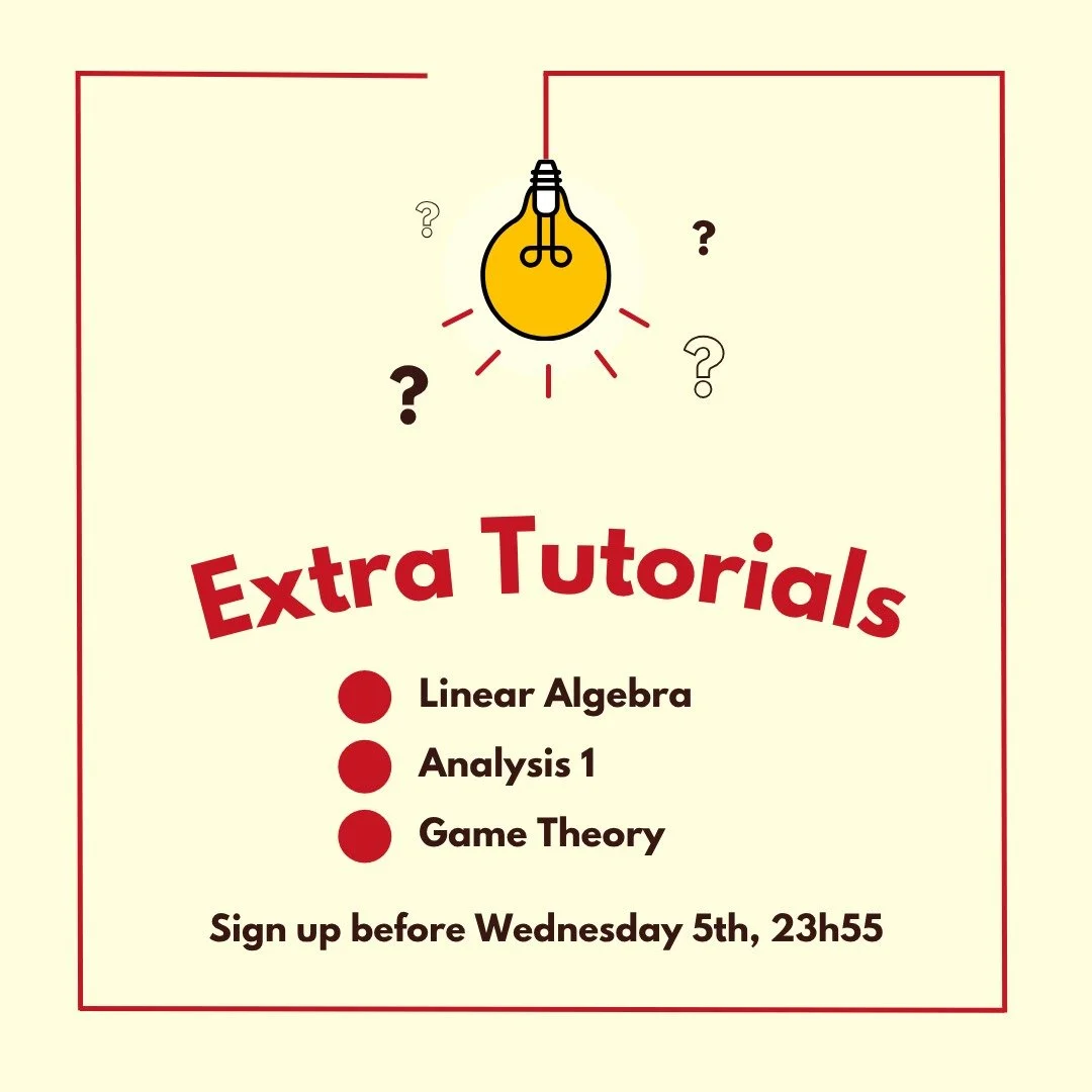 📚 Extra tutorials are starting soon!

Get ready for your exams with sessions designed to help you master the material, including a course manual, practice exams, and tips and tricks from your tutor.

✨ Courses offered:
Analysis 1: Week 3 | 5 tutoria