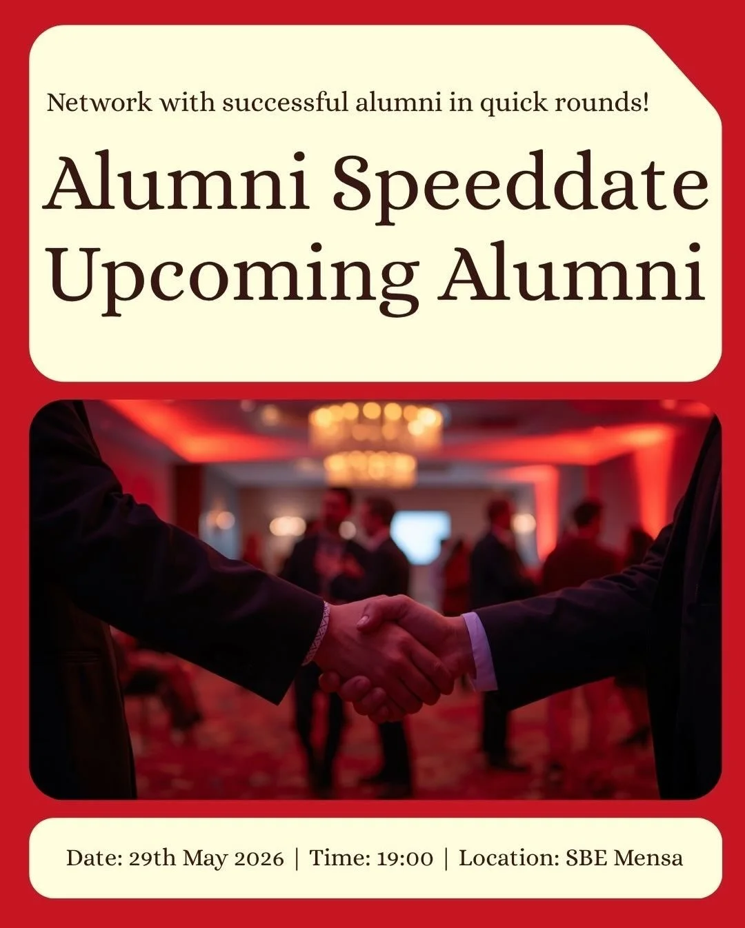 ✨ Alumni Speeddate 2026

The wait is over. We are excited to welcome everyone joining us for this year&rsquo;s Alumni Speeddate event.

Get ready for an evening filled with insightful conversations, career advice, networking opportunities, and the ch