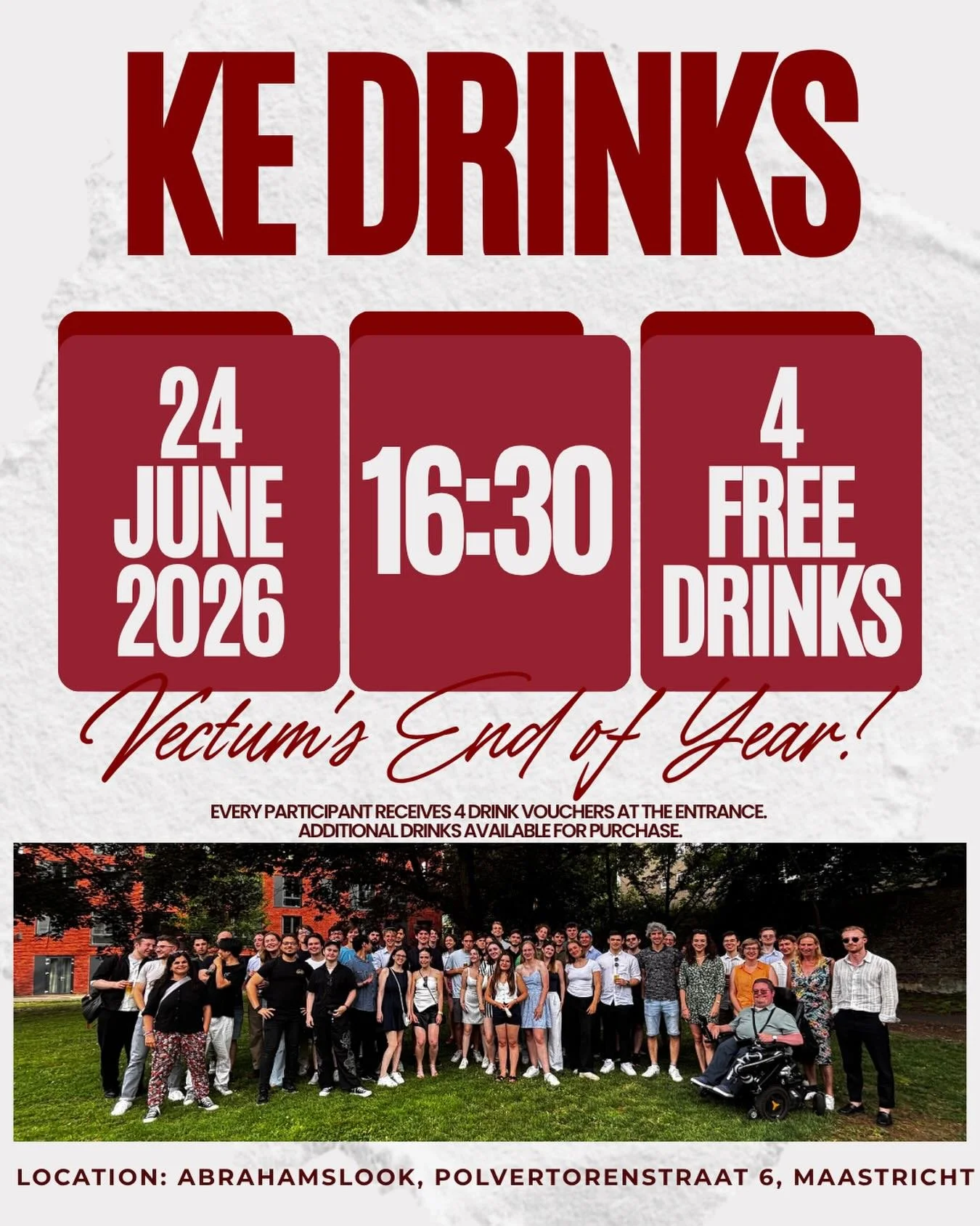 The academic year is almost over, it&rsquo;s time to celebrate! 🎉

Join us for Vectum&rsquo;s End of Year Drinks at one of Maastricht&rsquo;s cosiest spots. Cold drinks, good company, and 4 free vouchers waiting for you at the door.

📅 Date: Wednes