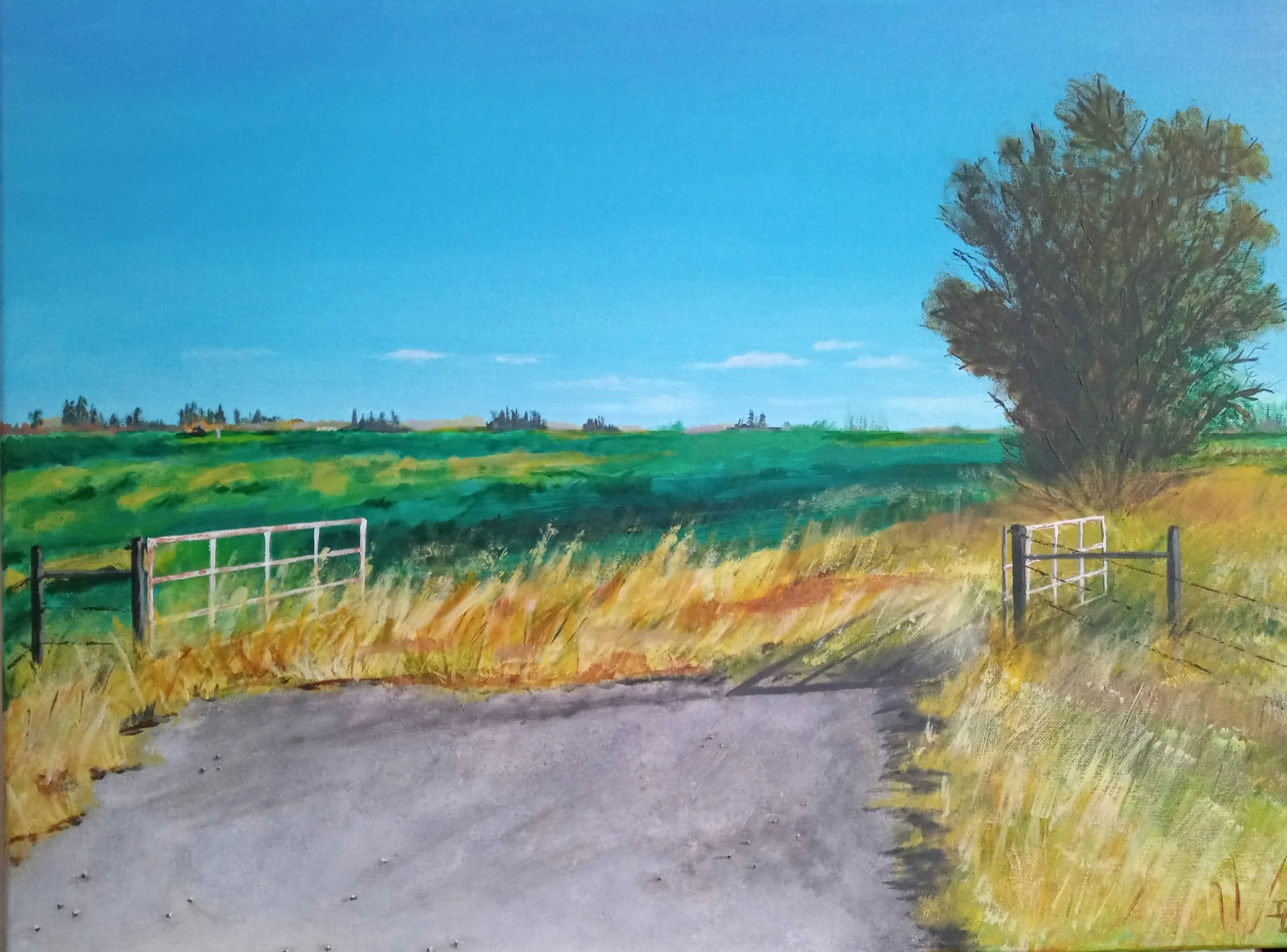 acrylic on canvas painting of alberta canada rural agricultural landscape with gate into field open