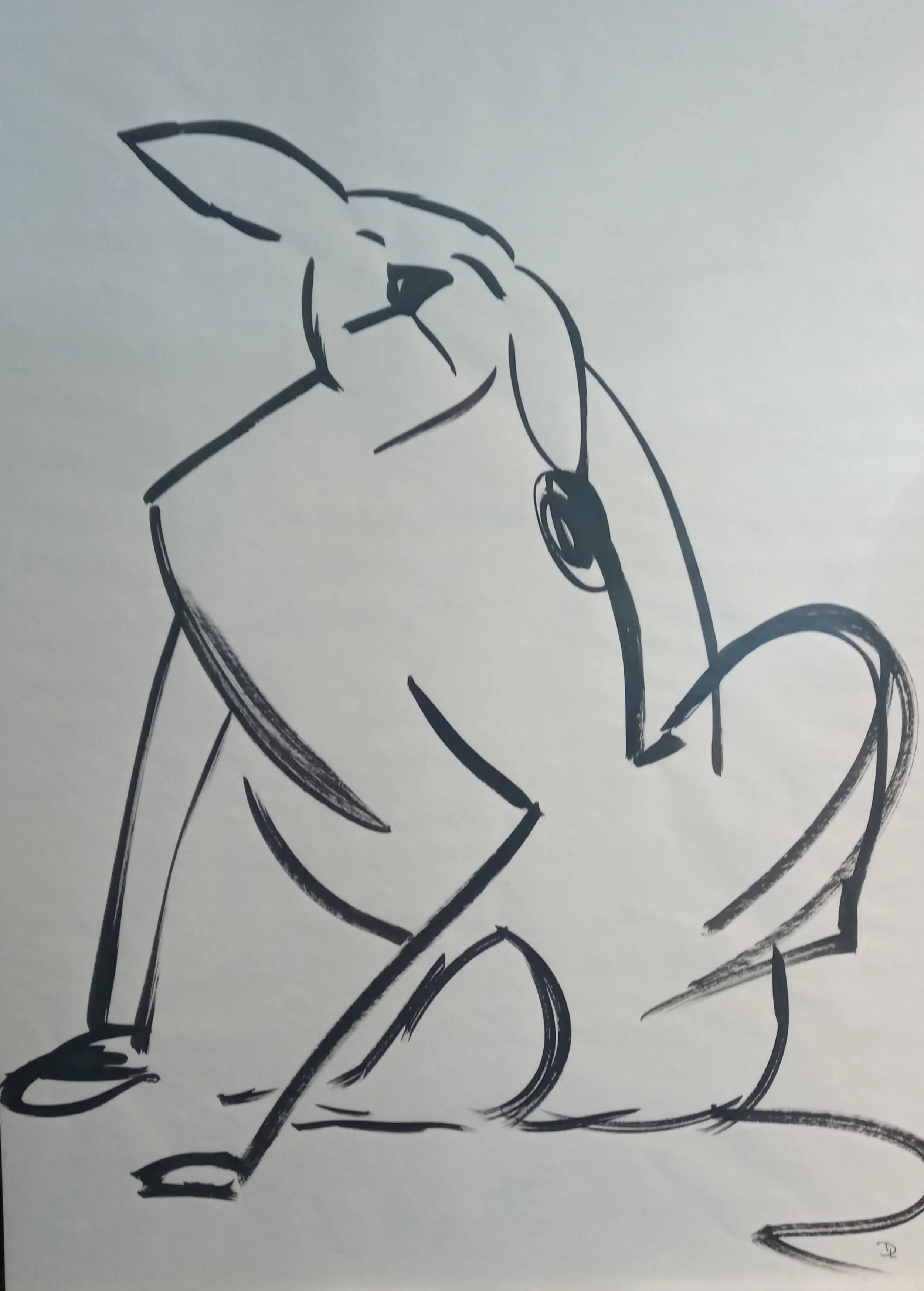 ink on paper drawing of dog scratching it's ear