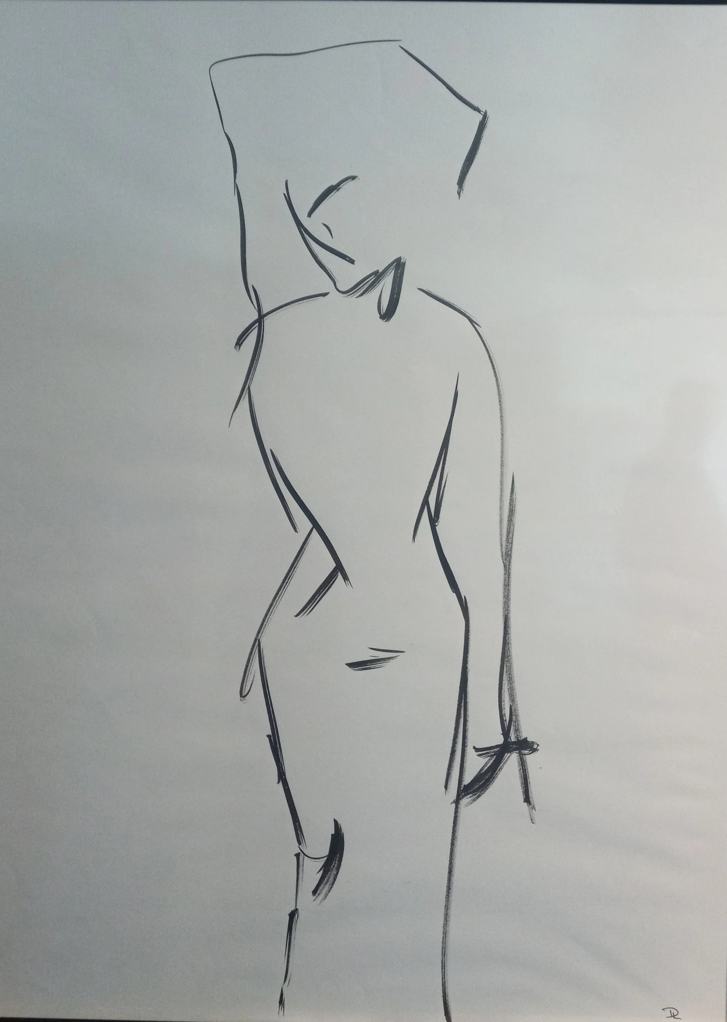 ink on paper drawing of woman with arm over her head
