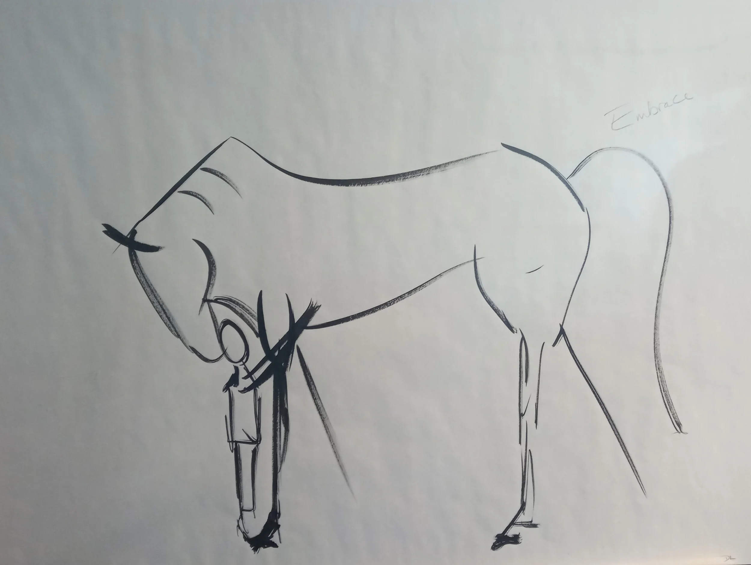 ink on paper drawing of horse and girl hugging embracing