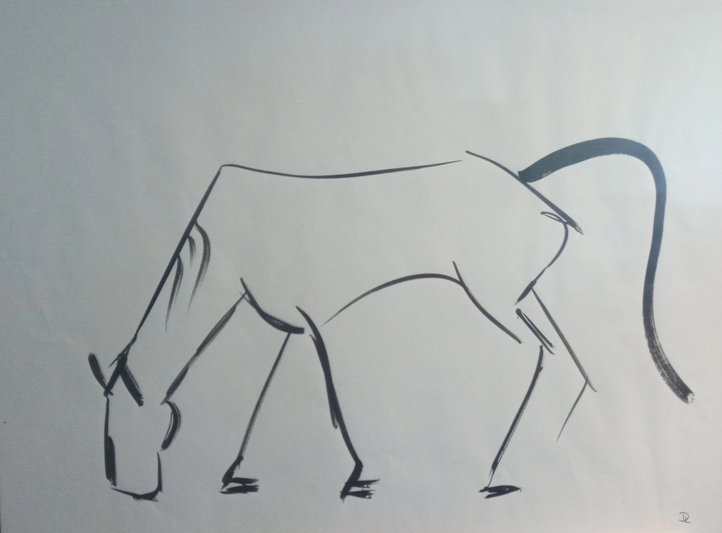ink on paper drawing of horse grazing