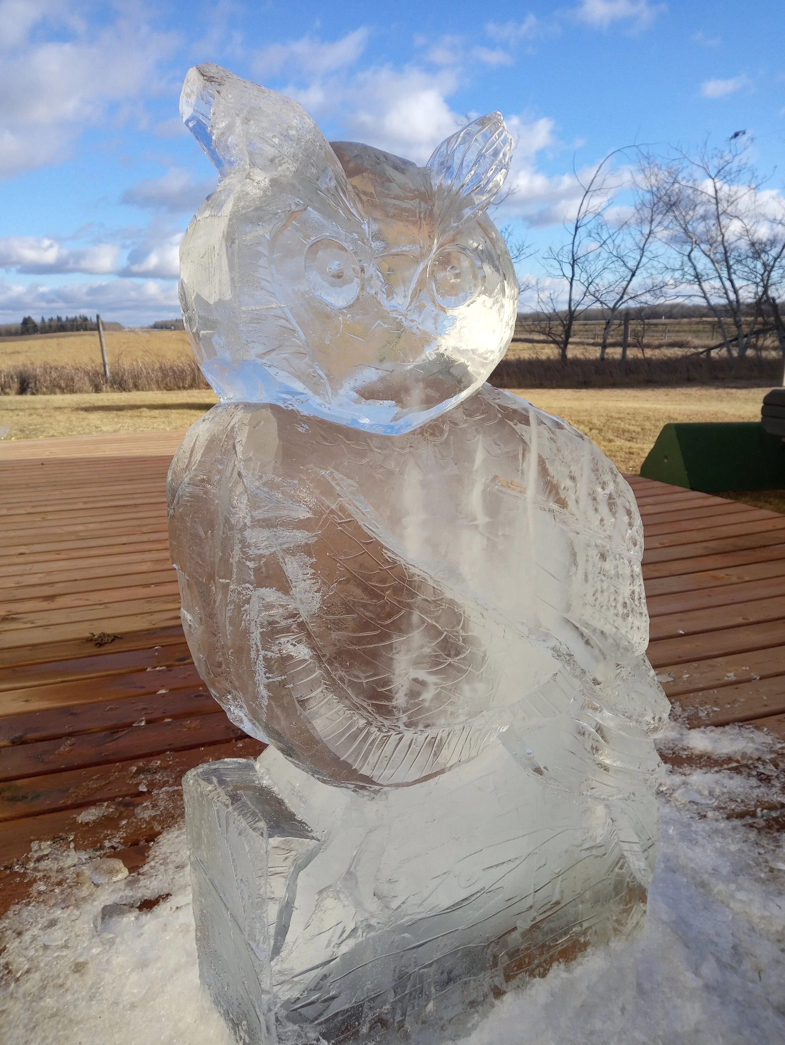 ice sculpture of great horned owl at Christmas in the Heartland 2023