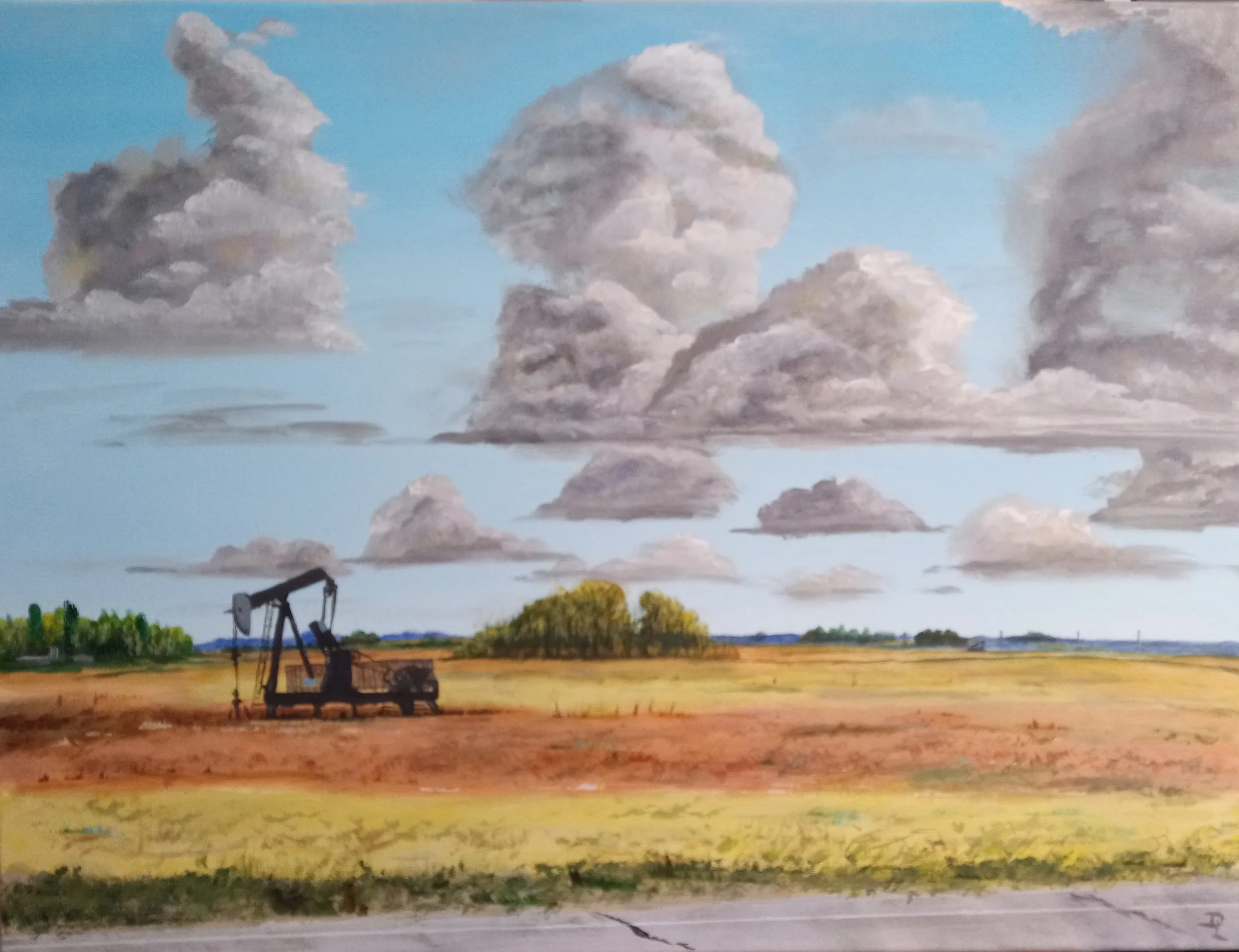 alberta landscape acrylic painting on canvas of pump jack on field