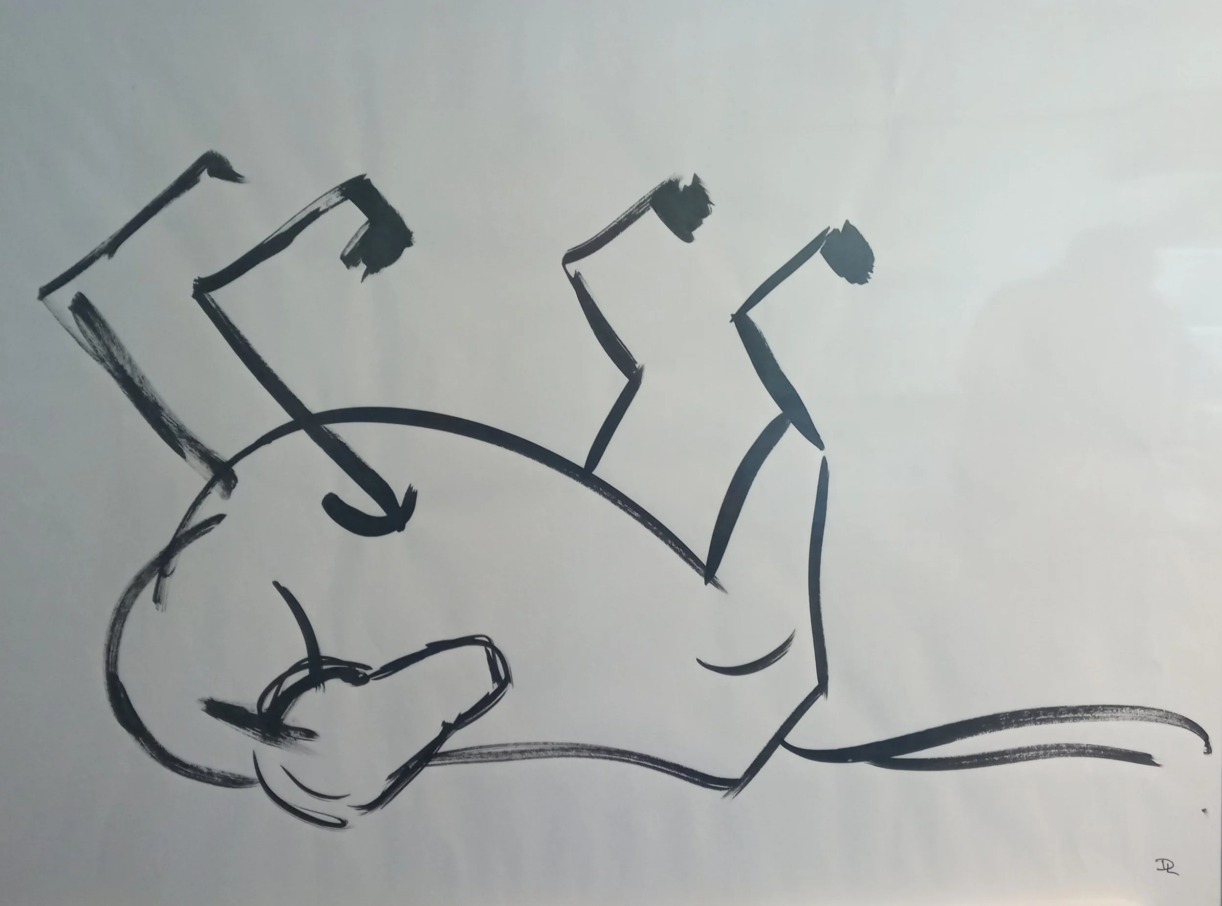 ink on paper drawing of horse rolling on it's back