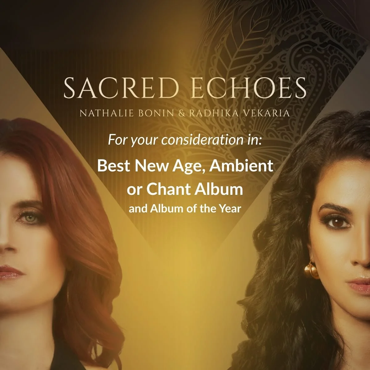 ✨For your GRAMMY&reg; consideration, Sacred Echoes 💫 
Best New Age, Ambient &amp; Chant Album &amp; Album of the Year. 📀 Co-composed by Bonin and Vekaria, this radiant seven-track odyssey is what happens when Bridgerton meets Vedic Mantra&mdash;lus