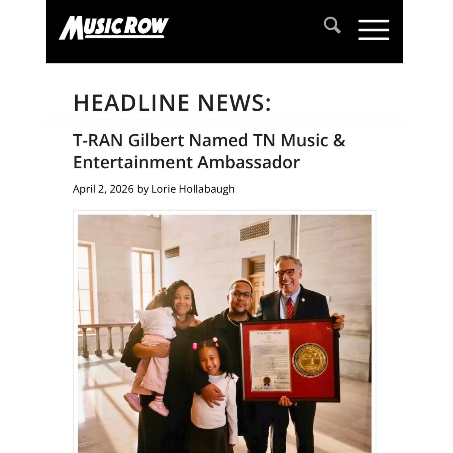 History in the making 🙌🏻

Honored to see @musicrowmagazine spotlight this incredible moment: Terran @tran22v Gilbert officially named Tennessee Music &amp; Entertainment Ambassador by the Tennessee House of Representatives. A powerful recognition o