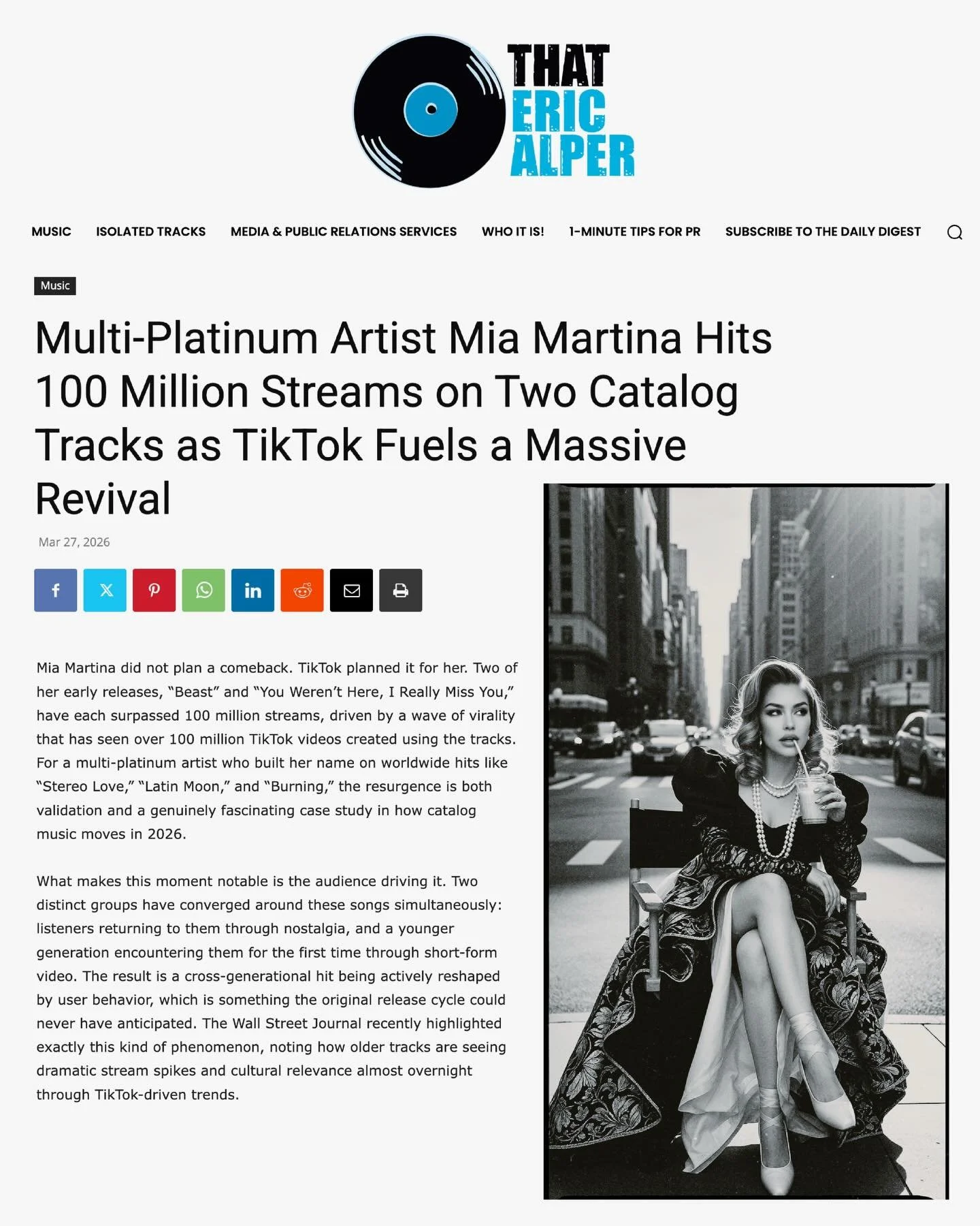 Big congrats to @princessmiamartina on this moment &mdash; honestly, so deserved. 🙌🏻

Seeing &ldquo;Beast&rdquo; and &ldquo;You Weren&rsquo;t Here, I Really Miss You&rdquo; both cross 100 million streams thanks to TikTok is surreal in the best way.
