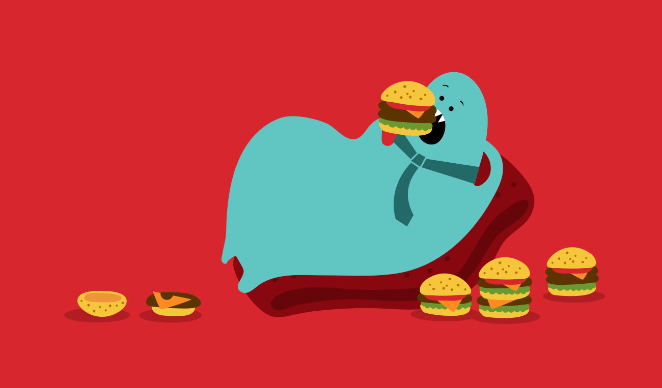  Illustration of a blobby blue creature, wearing a tie, laying back on a lounger eating a hamburger. 3 more hamburgers sit beside him; one hamburger that has fallen apart sits at his foot. 
