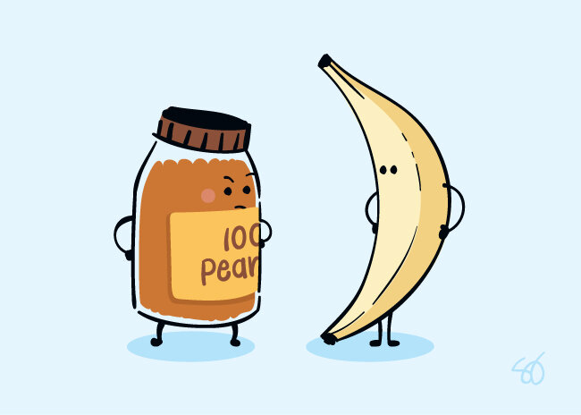   PB vs. Banana.  Illustration of a jar of peanut butter and banana facing each other, with hands on their hips. Light blue background. 