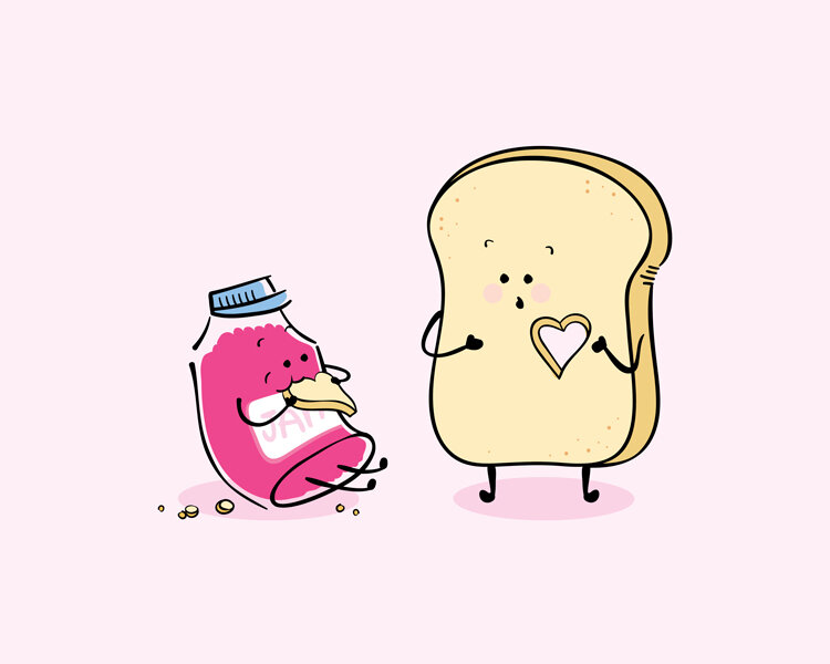  Illustration of Jam sitting on the ground munching on a cut-out bread heart. Bread is standing next to Jam with a shocked look on his face, a heart-shaped cut-out missing from his chest. 