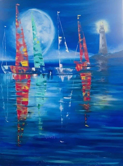 Contemporary boats and lighthouse