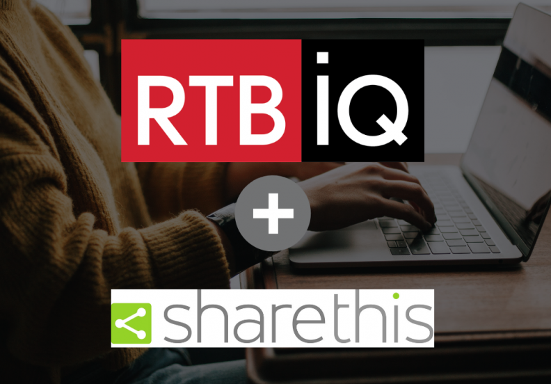 RTBiQ and ShareThis logos overlaid on image of person typing on laptop.