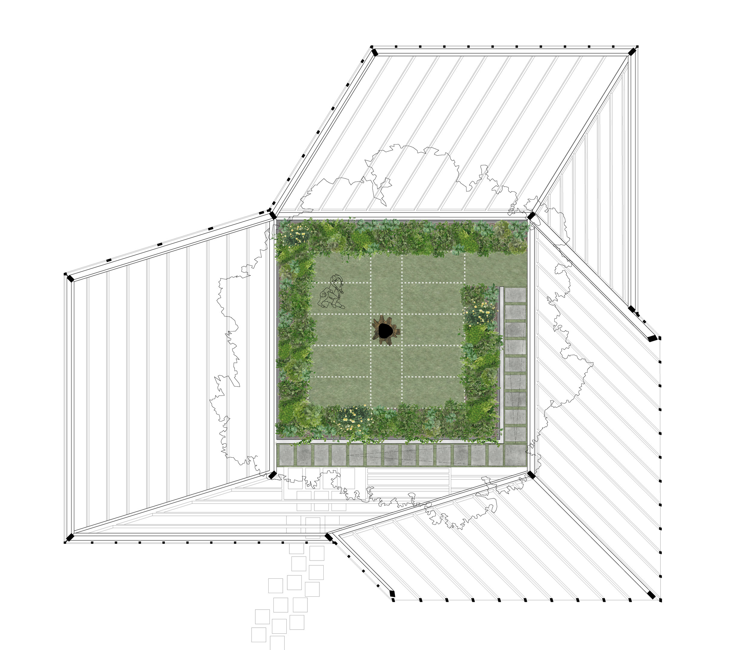  The overlapping tesseracts form a braced moment-frame wood structure to create a large interior volume for the garden and tree to grow in. 
