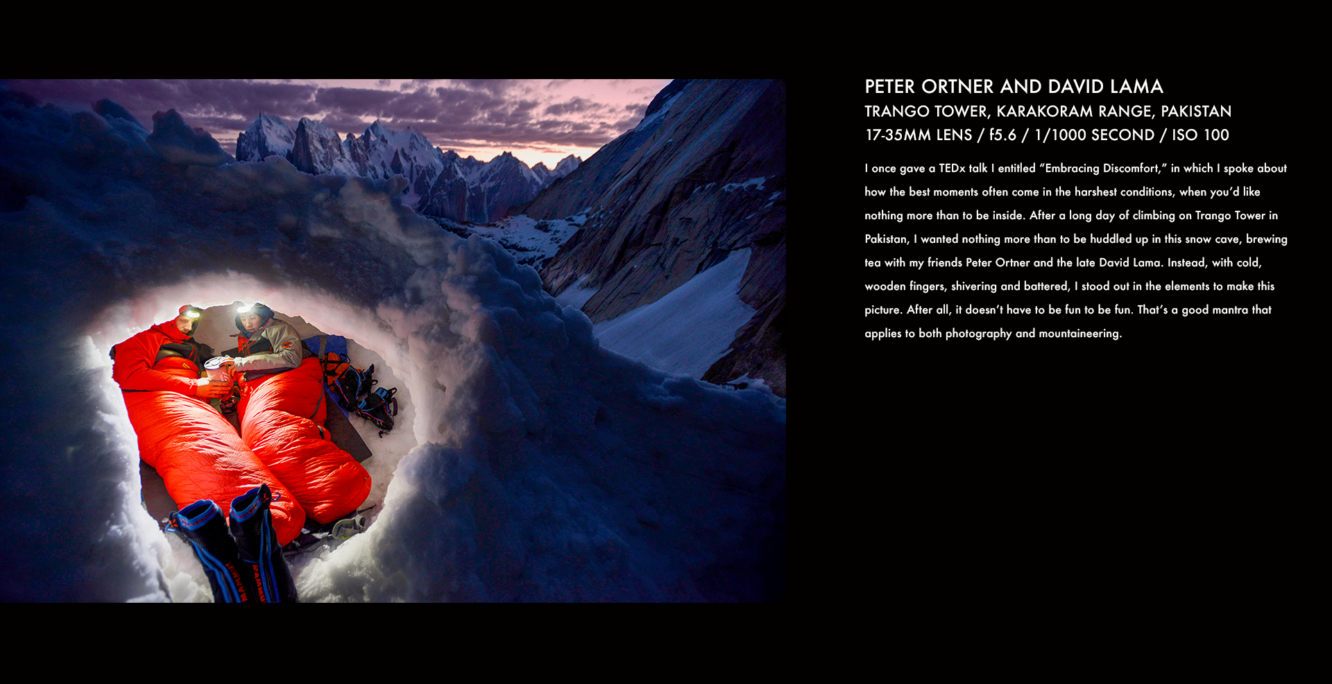  David Lama, Peter Ortner, snow cave, snow, climbing, rock climbing, mountain climber, corey rich, stories behind the images 