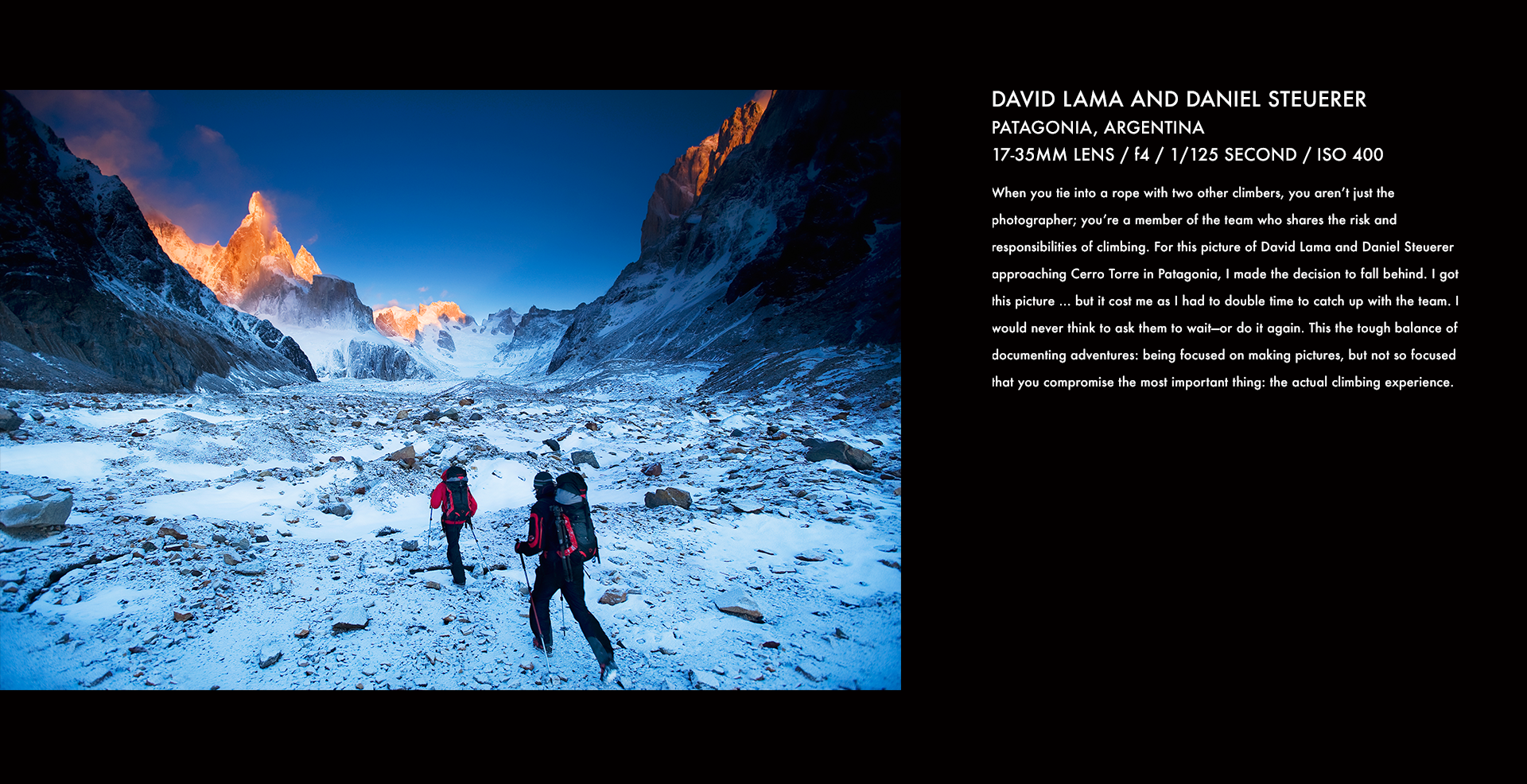  David Lama, Daniel Steuerer, Patagonia, climbing, mountain climbing, climbers, snow, golden hour, stories behind the images, corey rich 