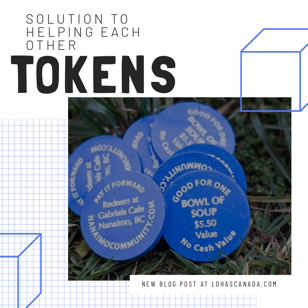 Tokens that say Pay it Froward Redeem at Gabriels Cafe, Nanaimo, BC. The tokens are say on the front good for one bowl of soup $5.50 value. No cash value.