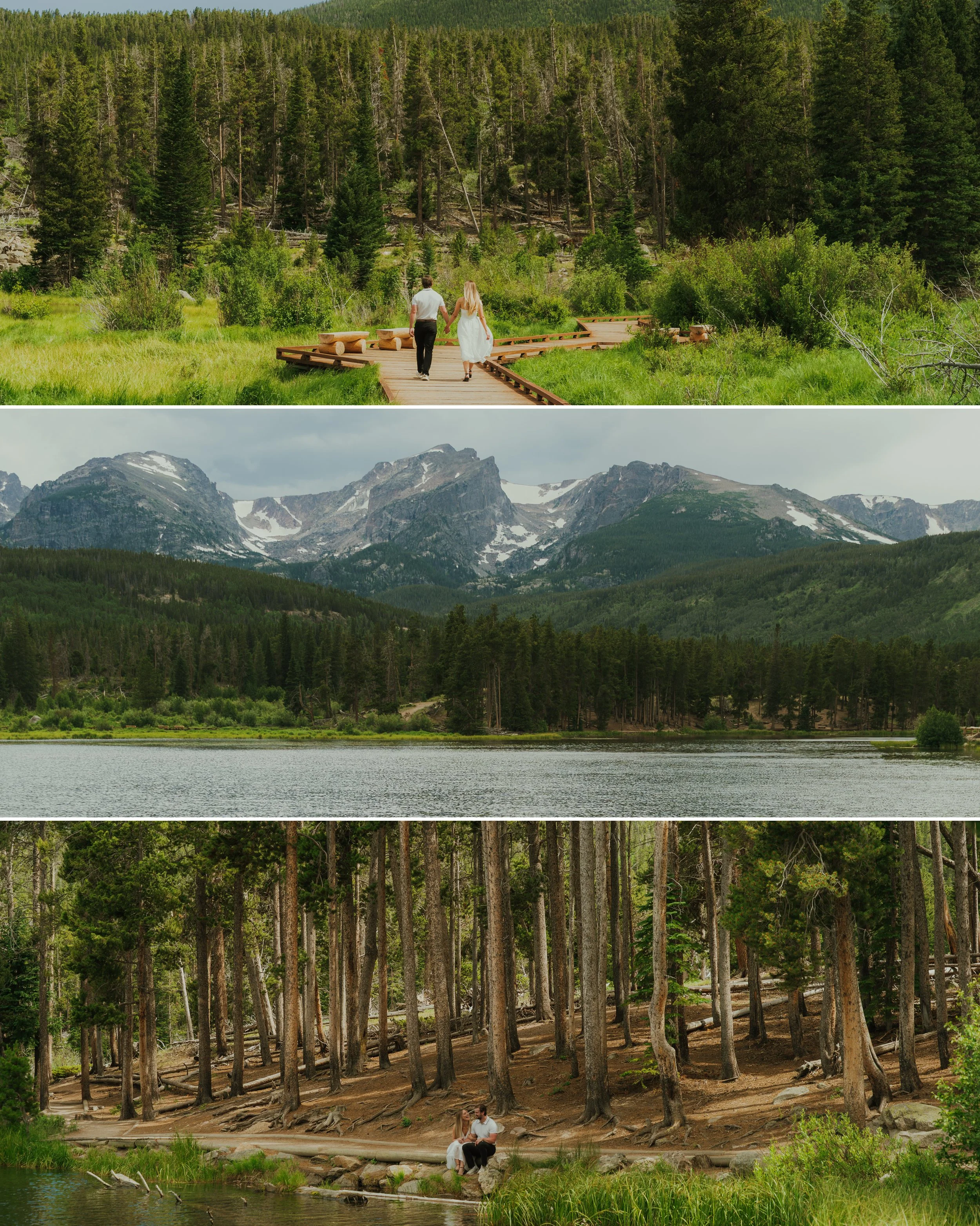 A couple walking on a wooden trail in a lush green forest, with mountains in the background, a lake, and two people sitting on rocks near the water in a forested area.