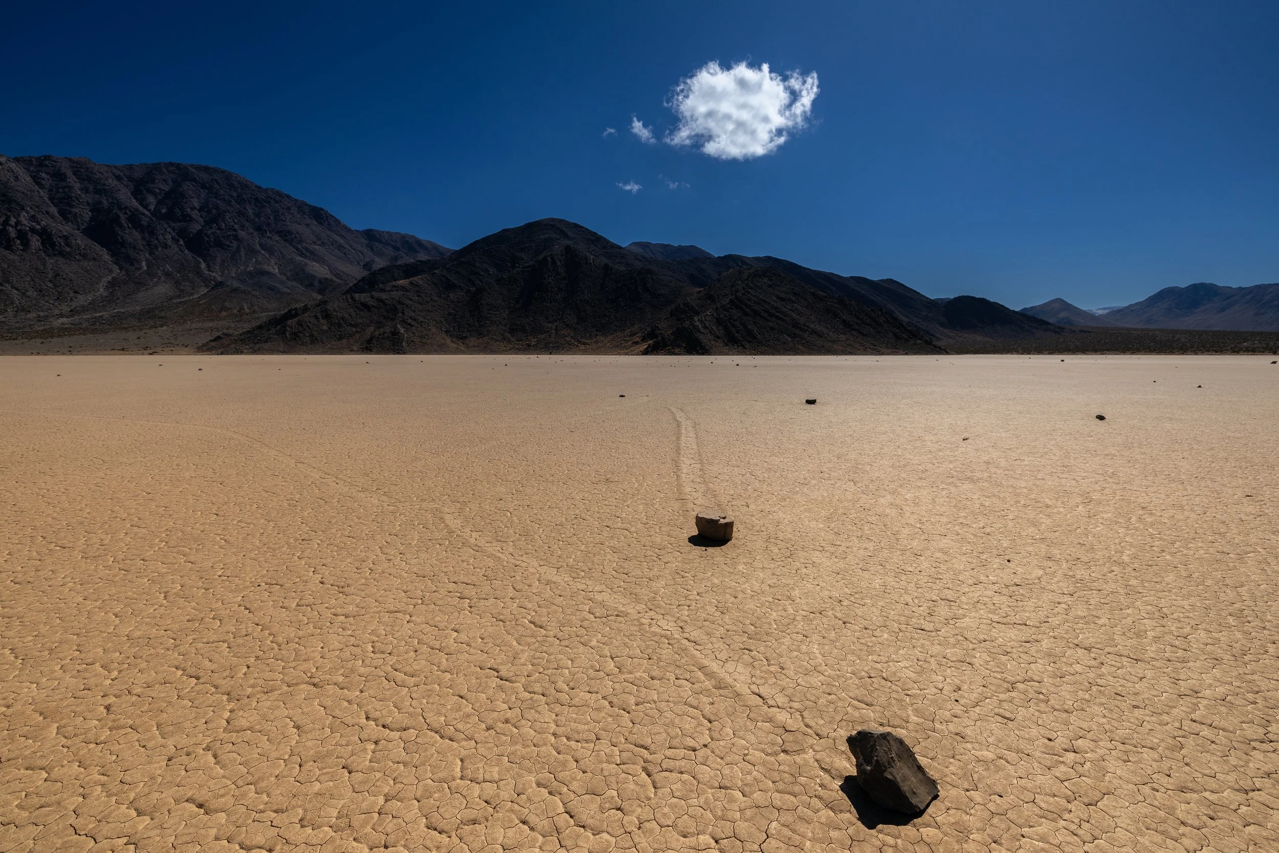 Stones with long trails on the dry lakebed of Racetrack Playa, Death Valley, California
