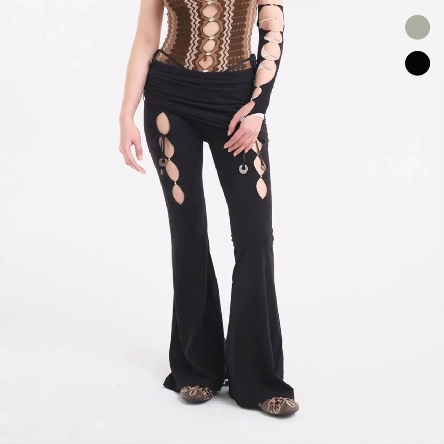 Linen-cotton G-String Skirt Layered Flared Trousers