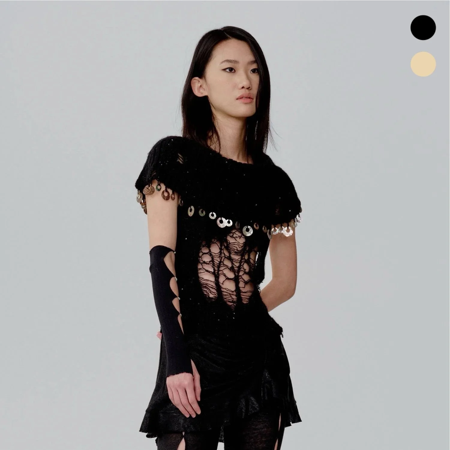 [AW26]Sequined Backless Laddering Knit Top