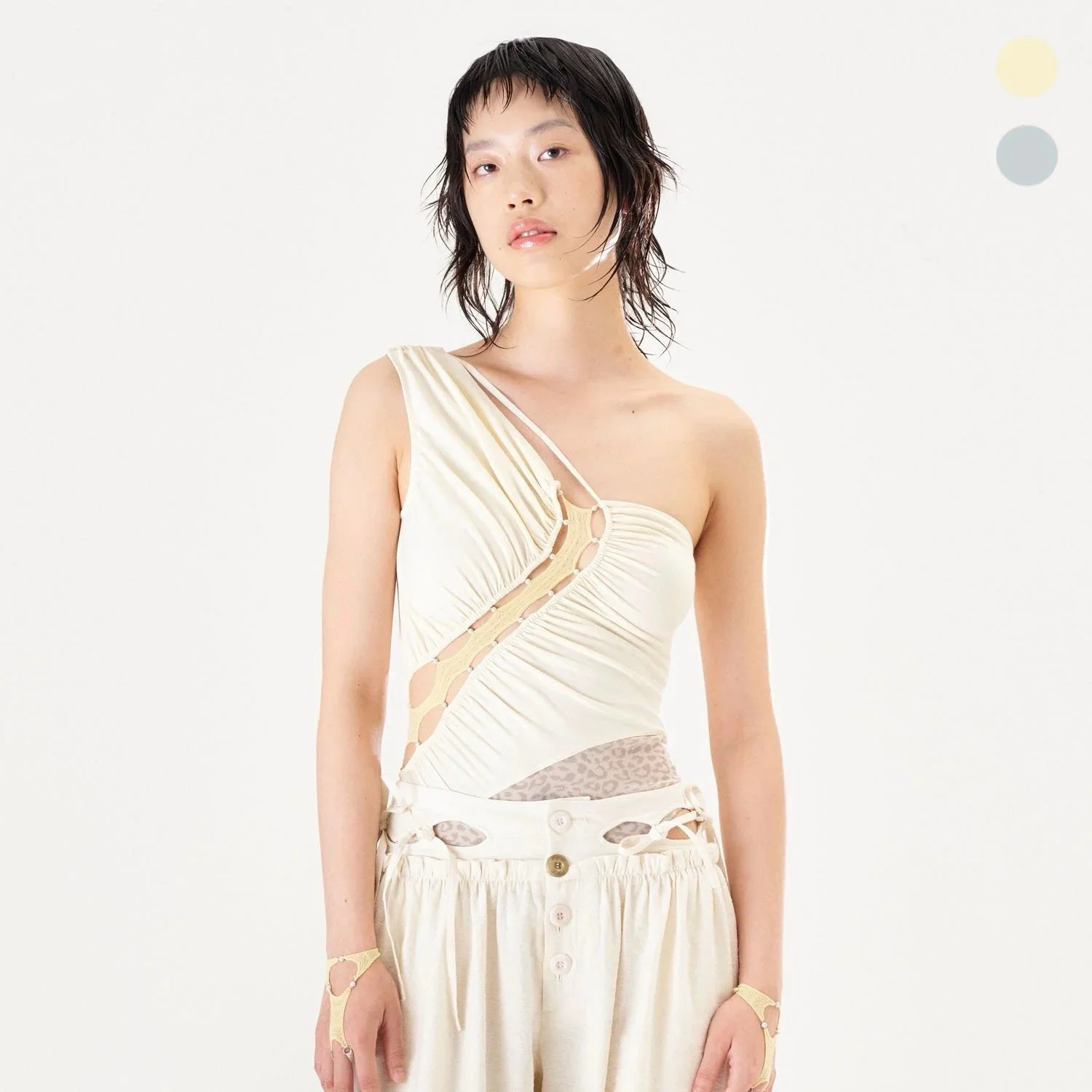 [SS26] One-Shoulder Ruched Combo Leopard Mesh Bodysuit