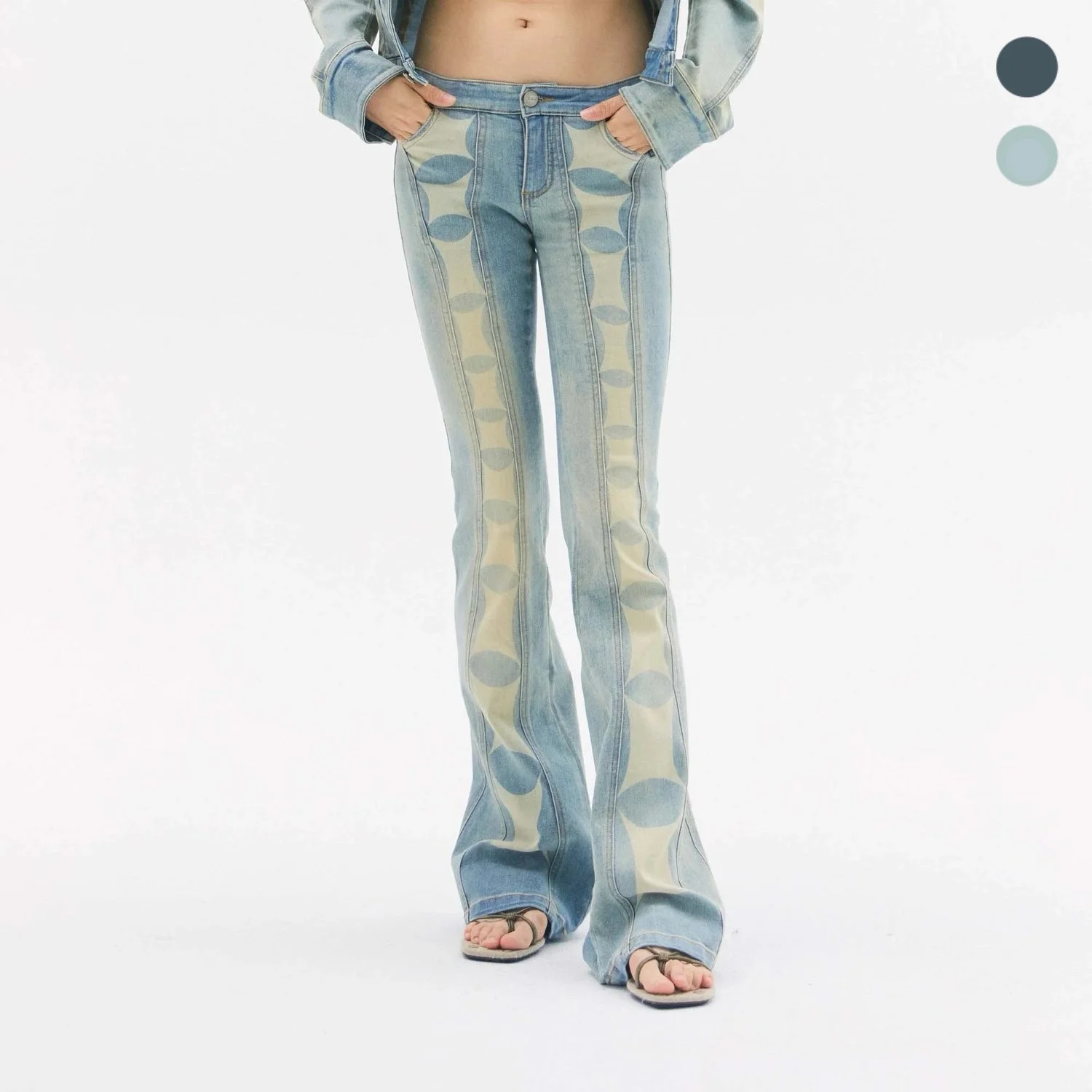 Denim G-String Print Flared Trousers