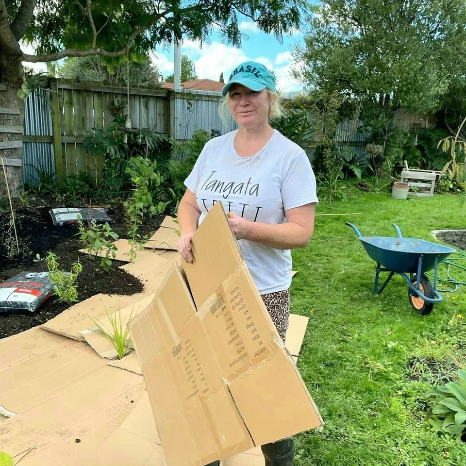 A person standing in their yard holding a flattened cardboard box, working in the garden