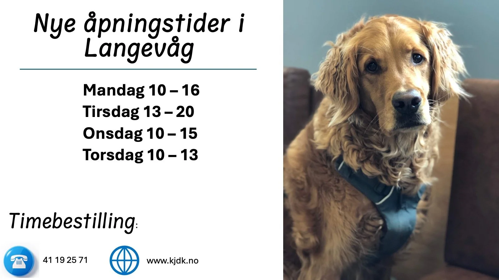De fleste uker har vi n&aring; veterin&aelig;r i Langev&aring;g hele 4 dager i uken! 🥳

Timer kan bookes p&aring; nett eller telefon.