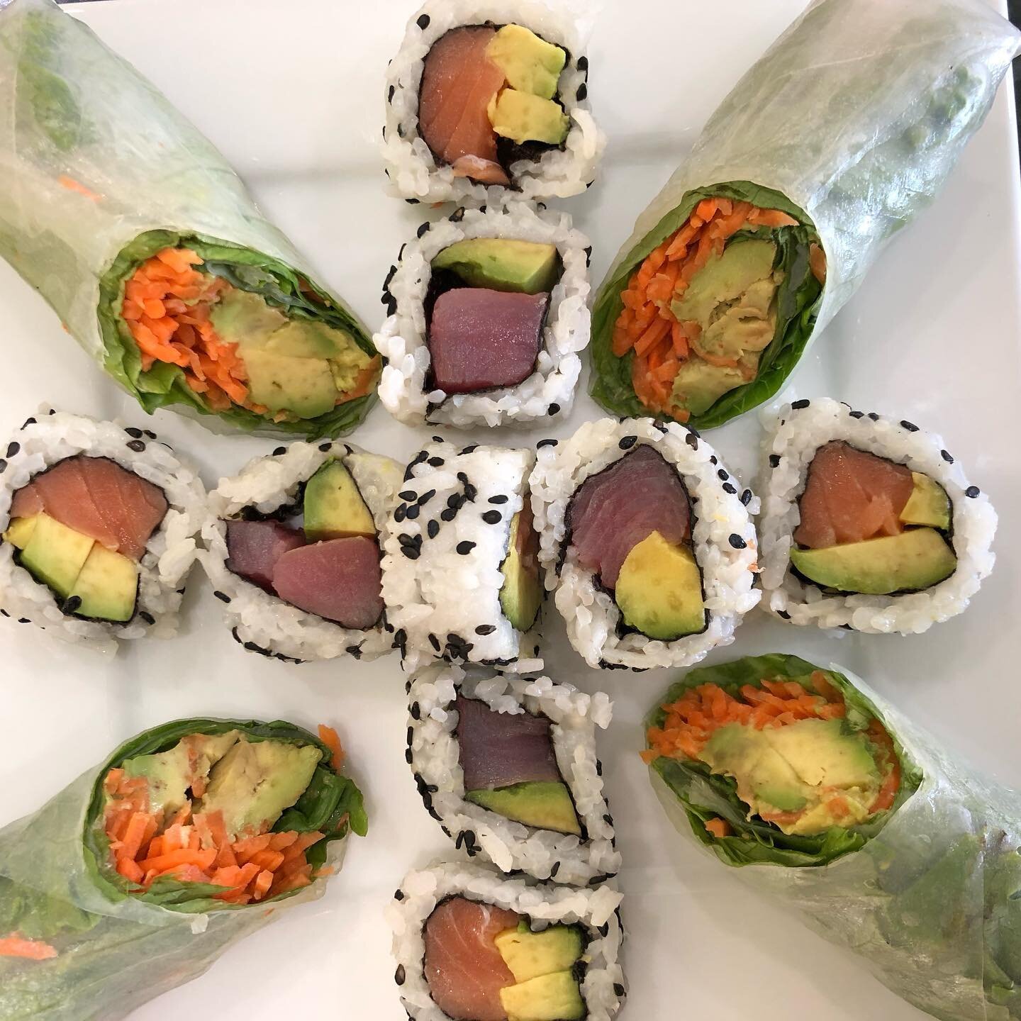 Salmon, tuna sushi &amp; vegetable spring rolls#sushi#veggiesprongrolls