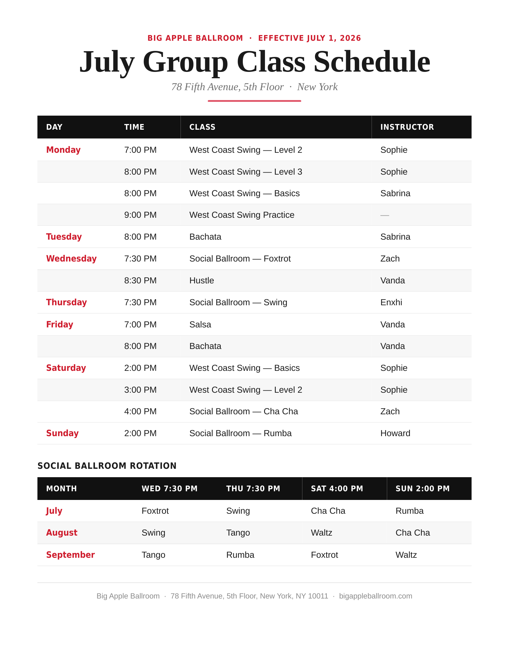Schedule for July group dance classes at Big Apple Ballroom, effective July 1, 2026, showing days, times, class names, and instructors, with additional monthly rotation info.